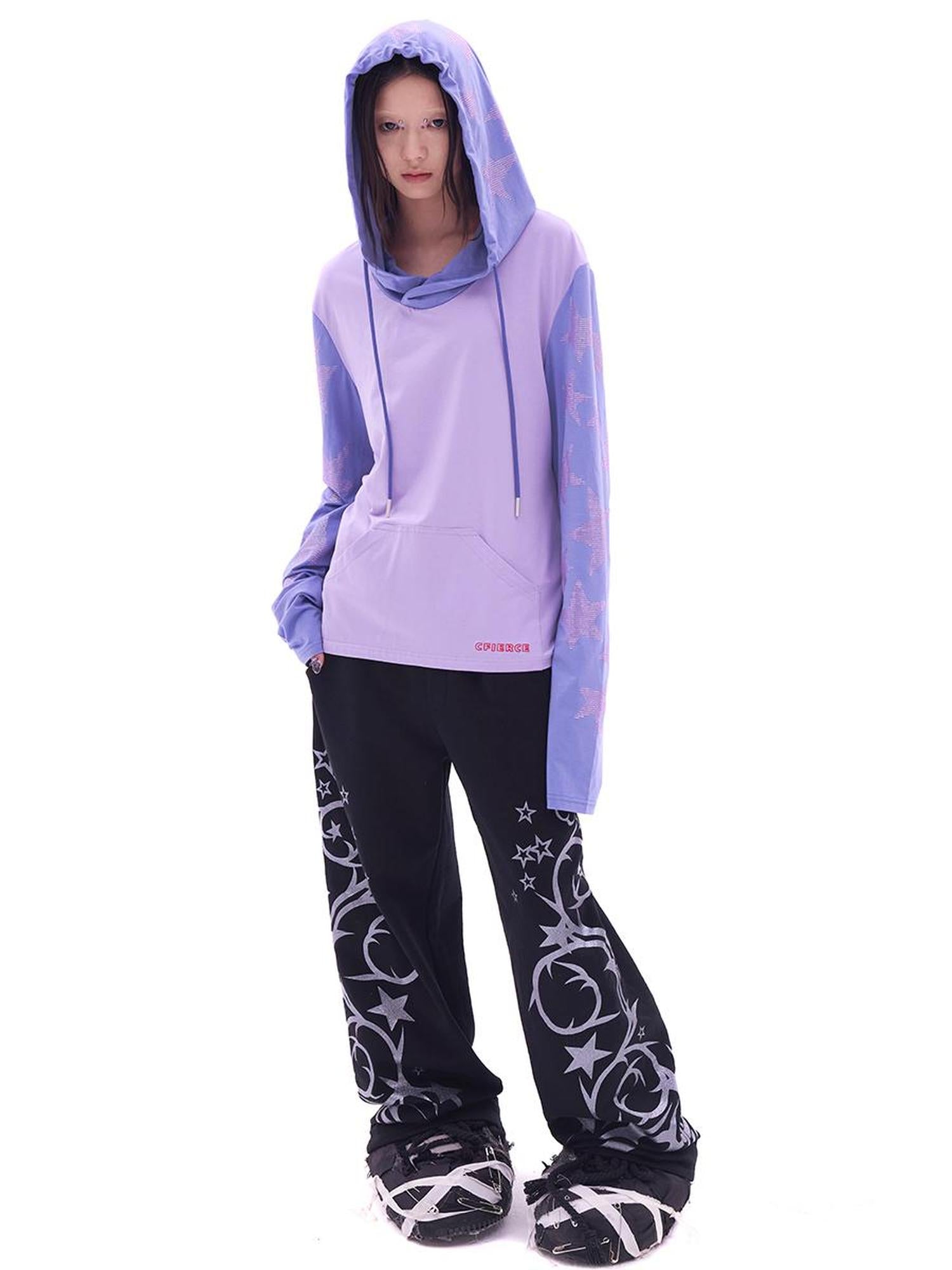 CFIERCE Five Pointed Star Rhinestone Hooded Long Sleeve Top