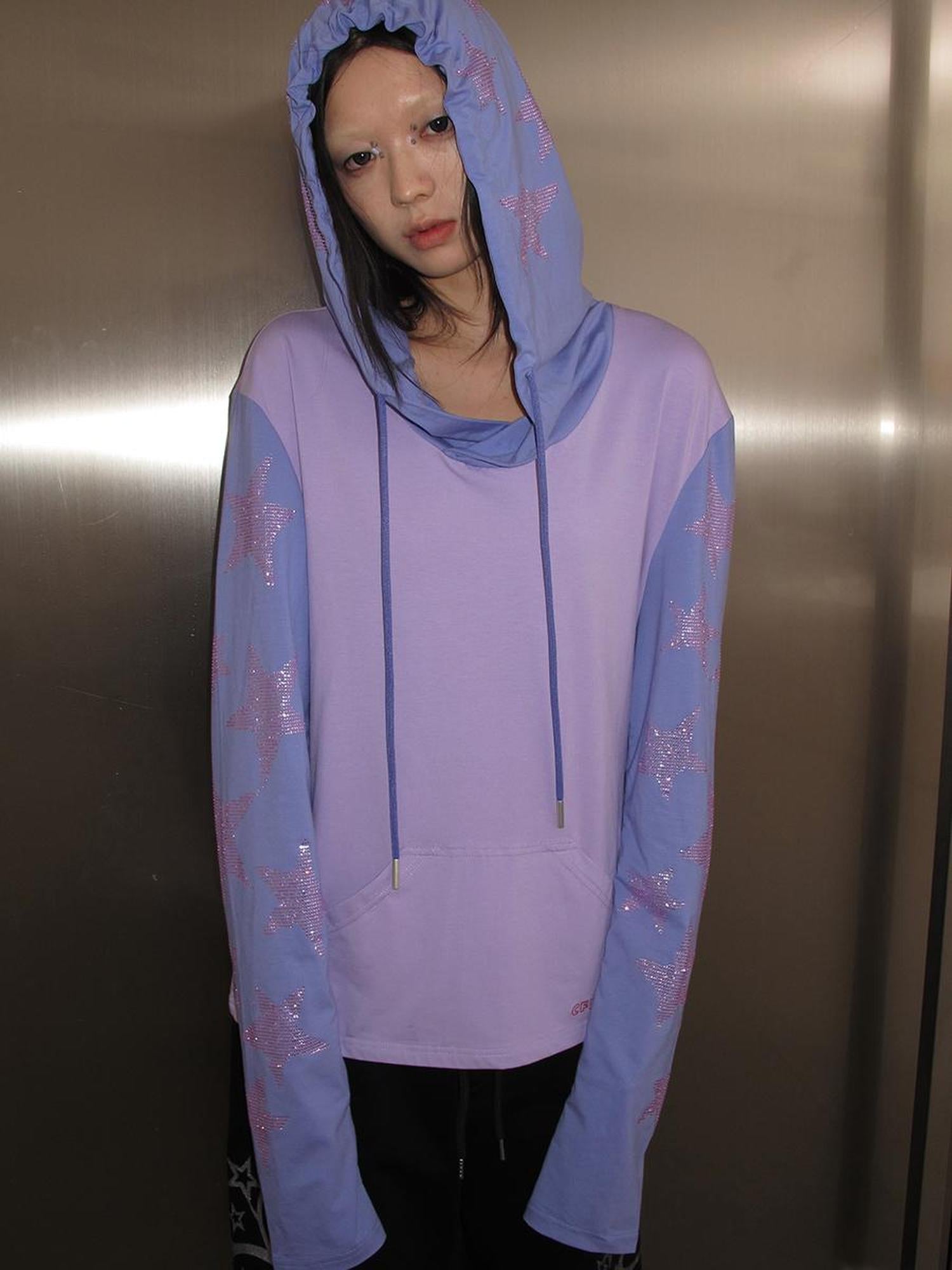 CFIERCE Five Pointed Star Rhinestone Hooded Long Sleeve Top