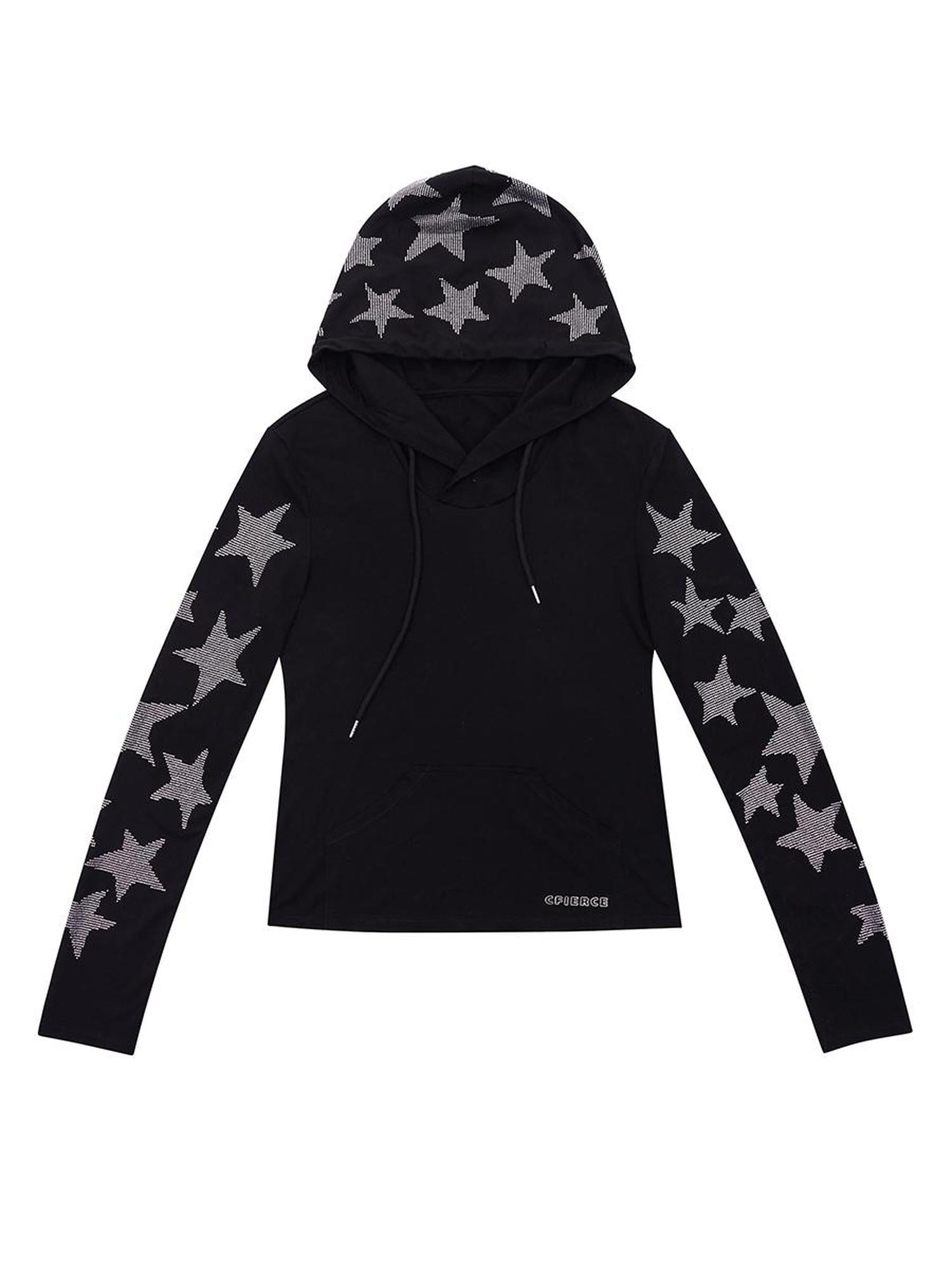 CFIERCE Five Pointed Star Rhinestone Hooded Long Sleeve Top
