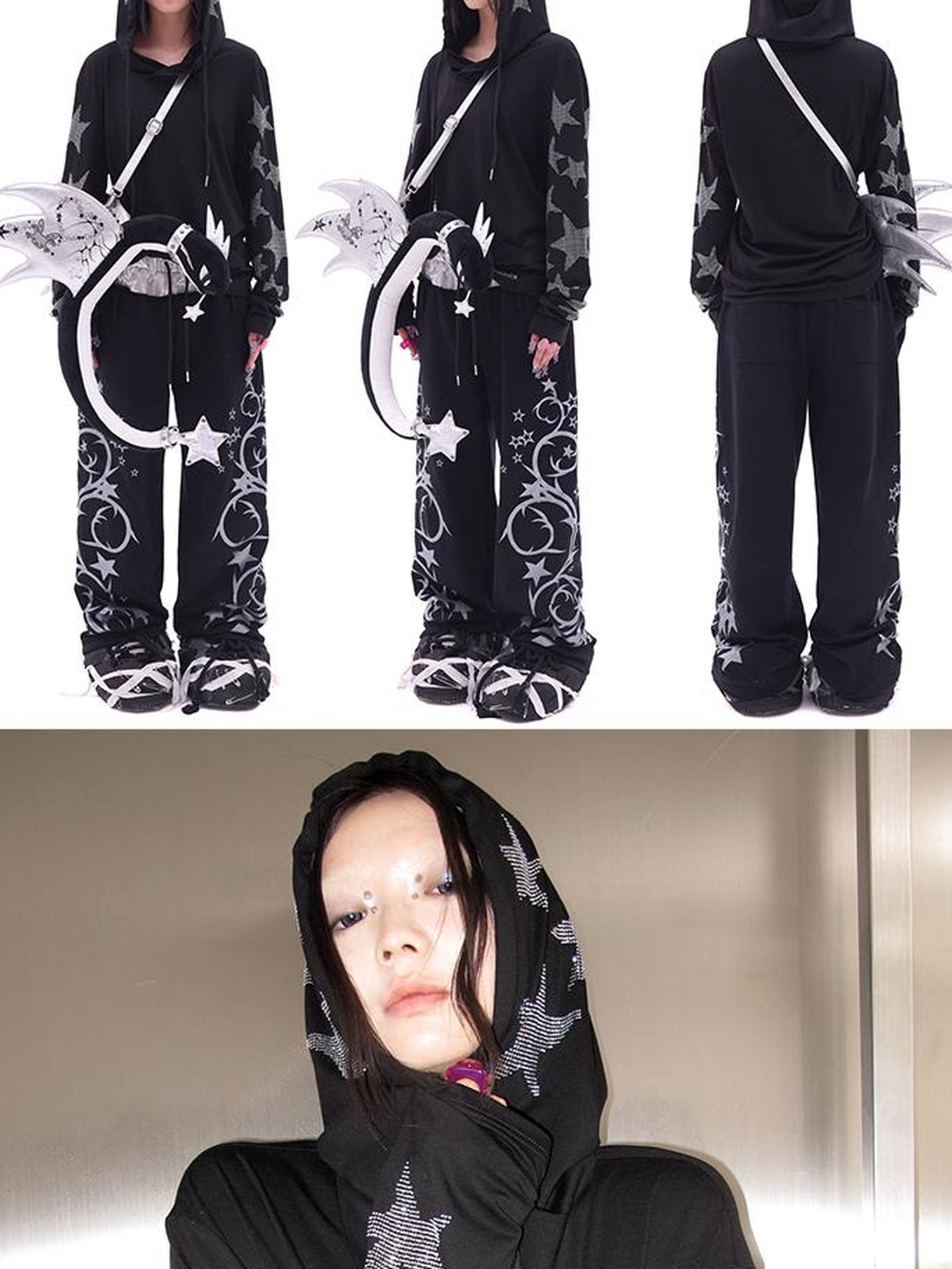 CFIERCE Five Pointed Star Rhinestone Hooded Long Sleeve Top