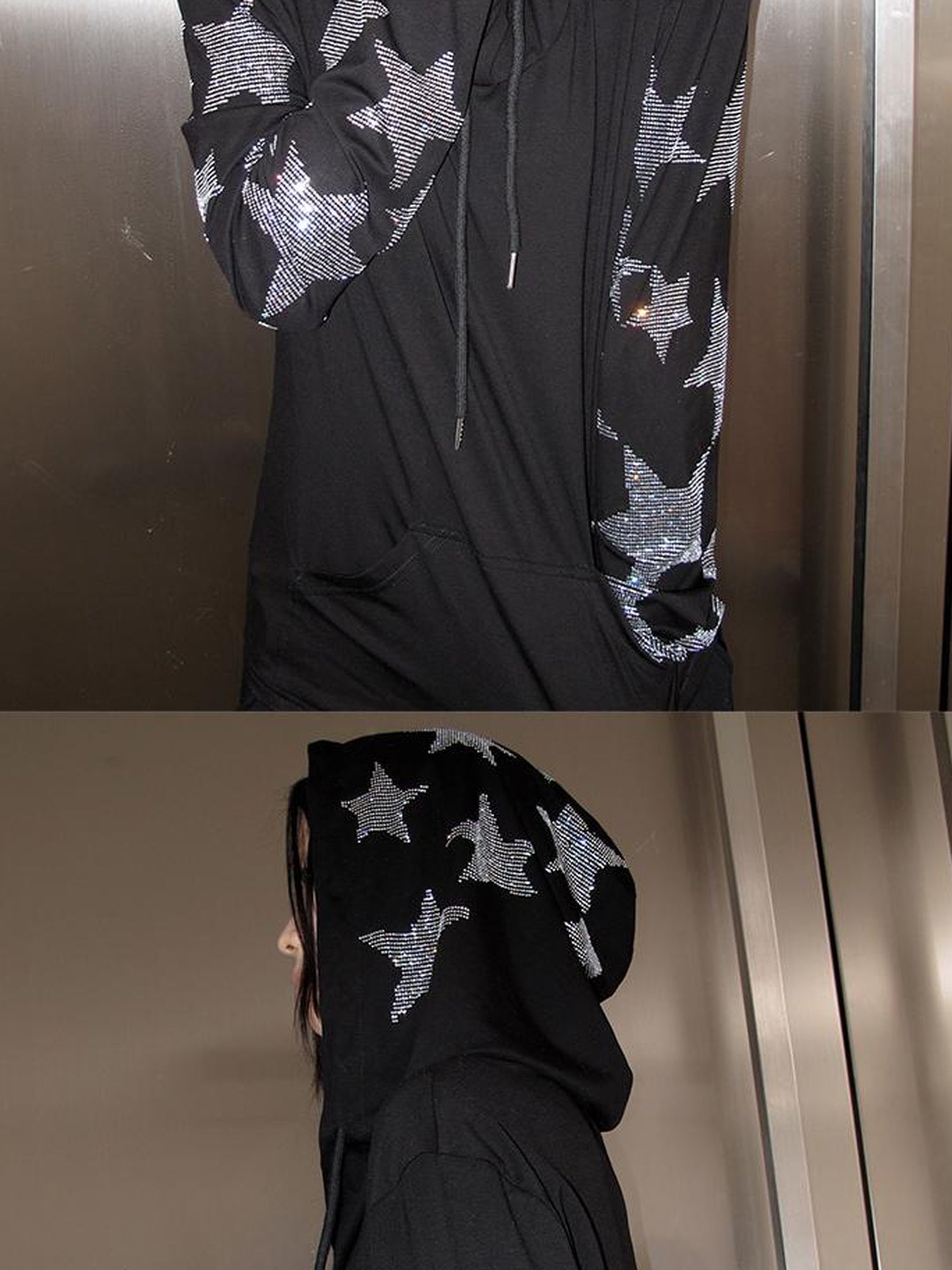 CFIERCE Five Pointed Star Rhinestone Hooded Long Sleeve Top