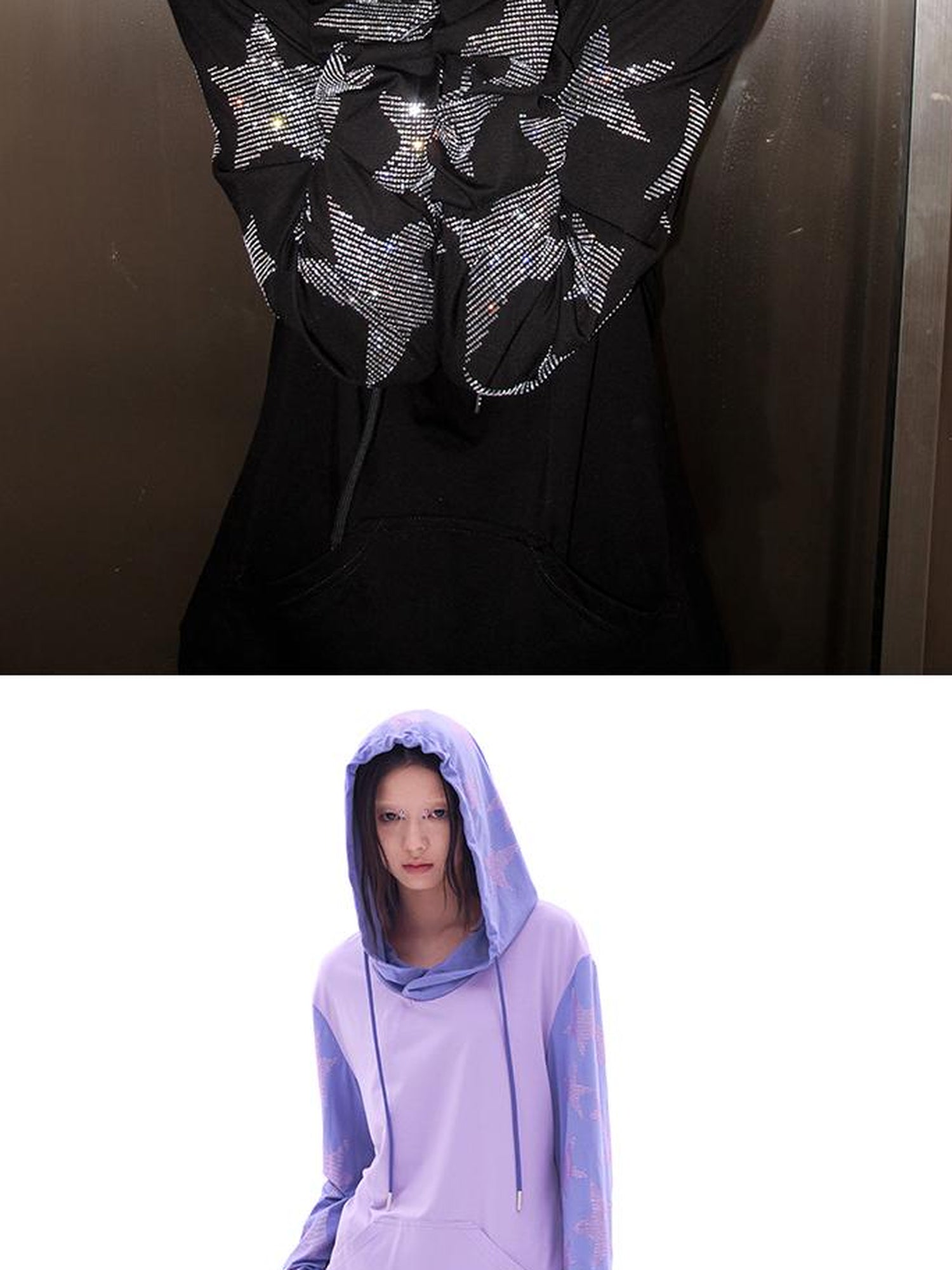 CFIERCE Five Pointed Star Rhinestone Hooded Long Sleeve Top