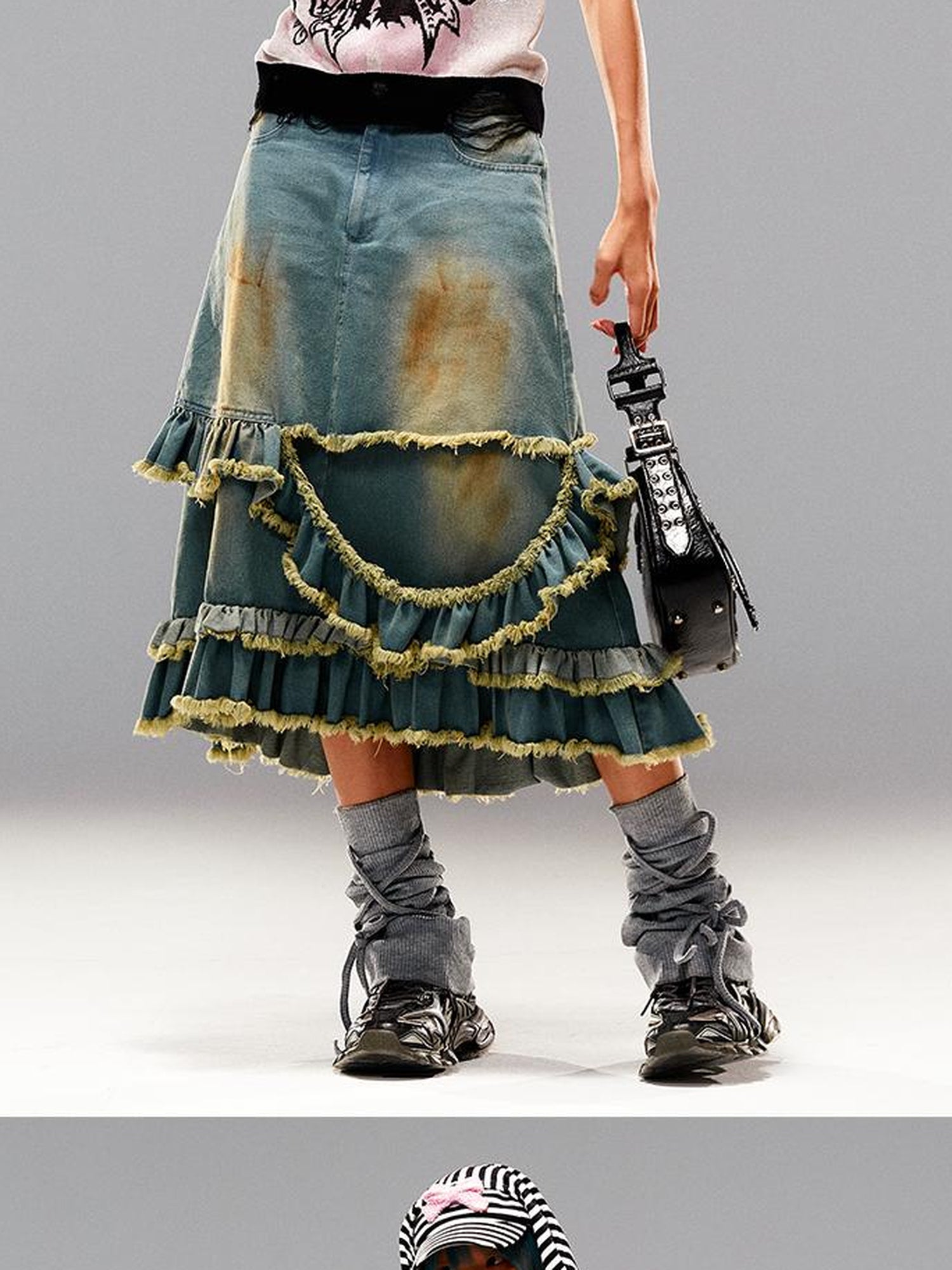 CFIERCE Fringed Mud Dyed Denim Skirt