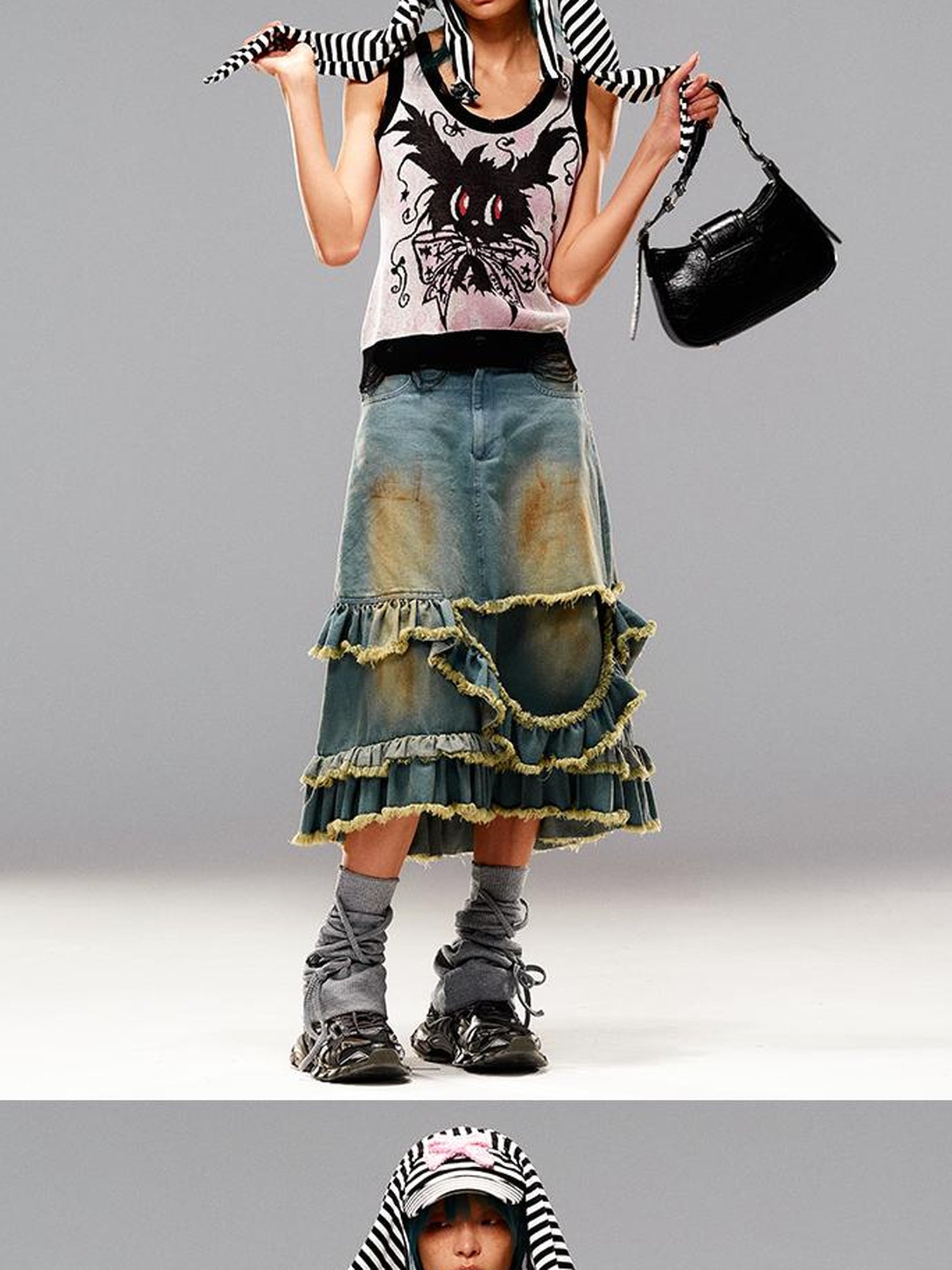 CFIERCE Fringed Mud Dyed Denim Skirt