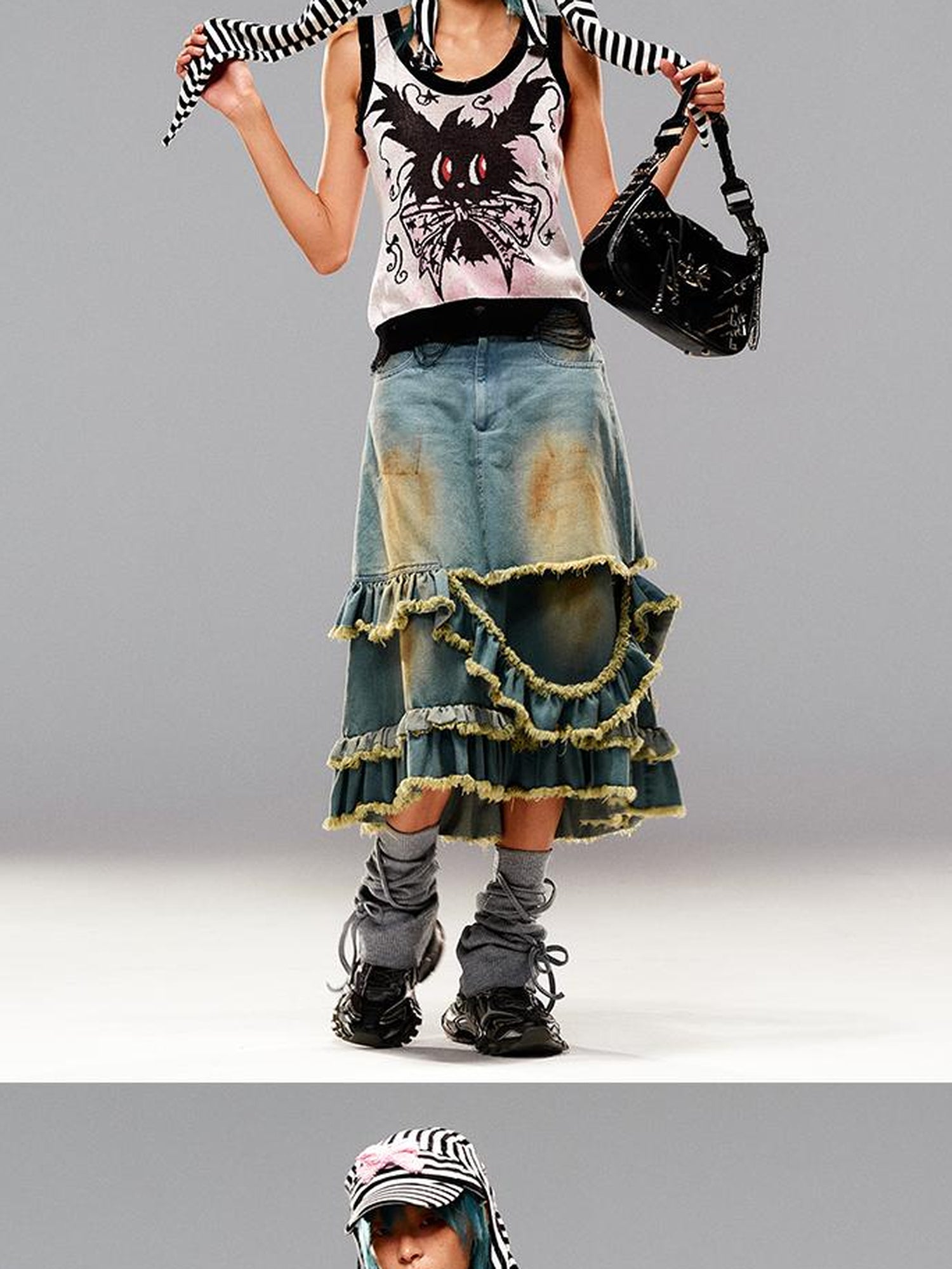 CFIERCE Fringed Mud Dyed Denim Skirt