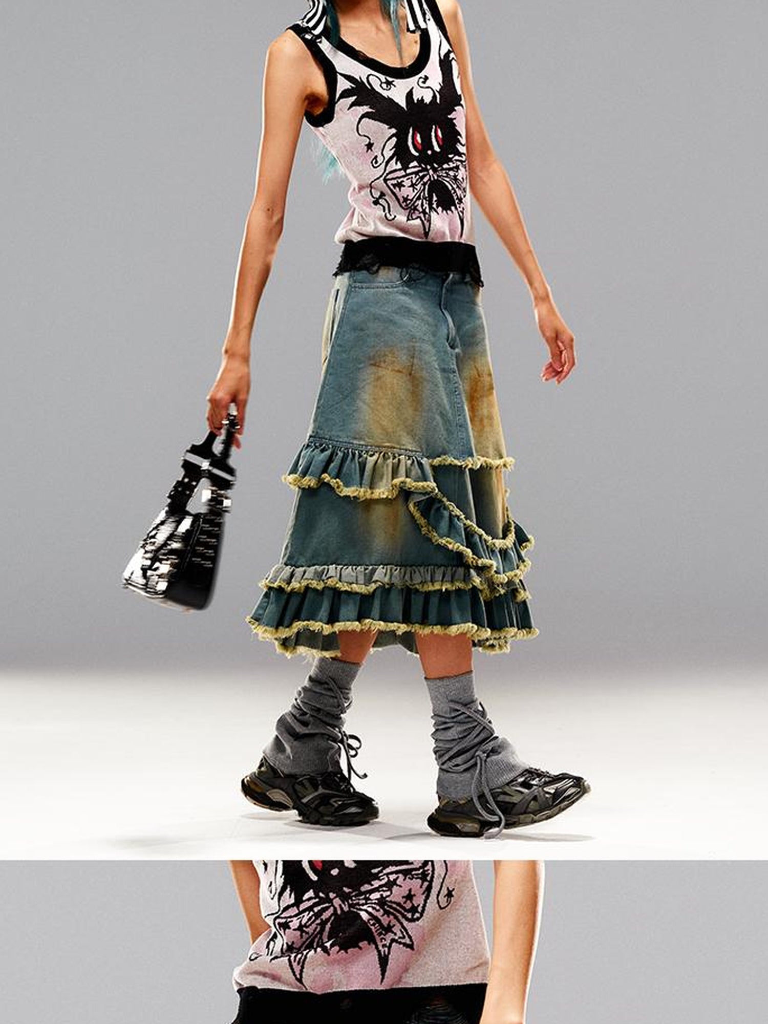CFIERCE Fringed Mud Dyed Denim Skirt