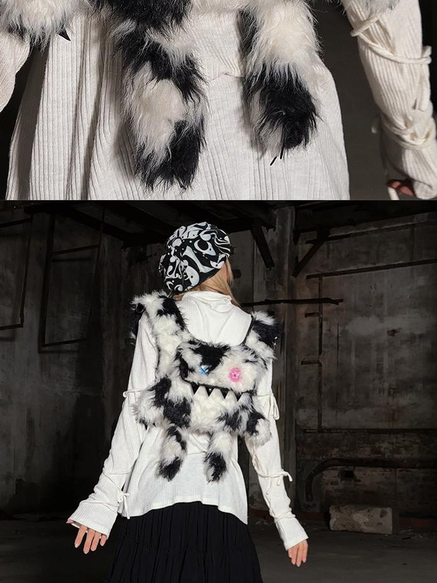 CFIERCE Glossy Faux Fur Rabbit Leather Trimmed Dual Use Bag