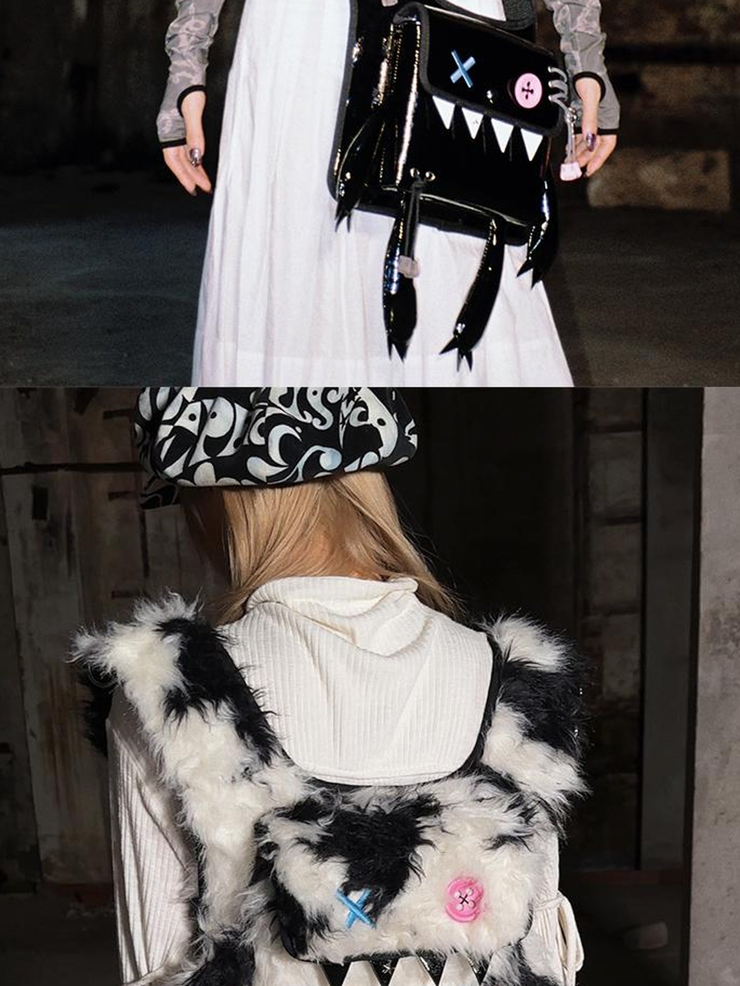 CFIERCE Glossy Faux Fur Rabbit Leather Trimmed Dual Use Bag