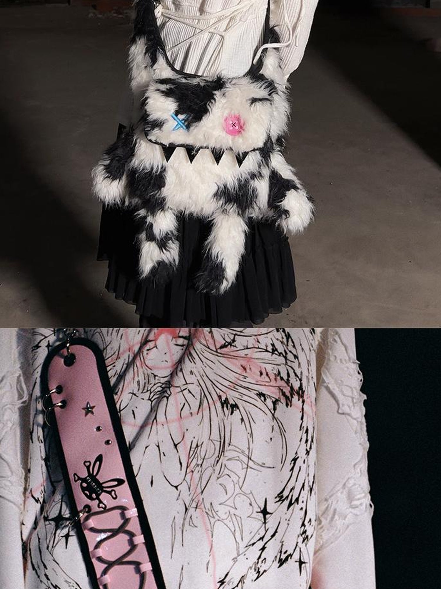 CFIERCE Glossy Faux Fur Rabbit Leather Trimmed Dual Use Bag