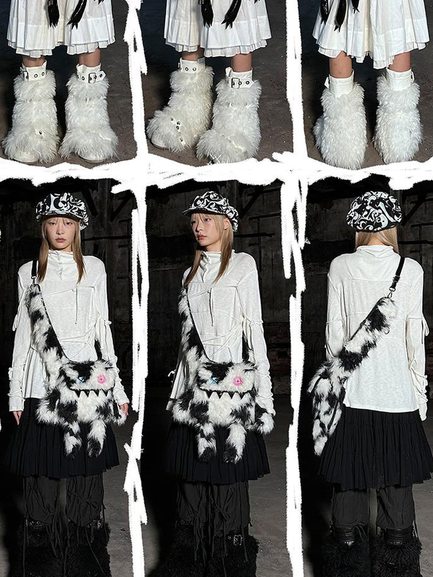 CFIERCE Glossy Faux Fur Rabbit Leather Trimmed Dual Use Bag