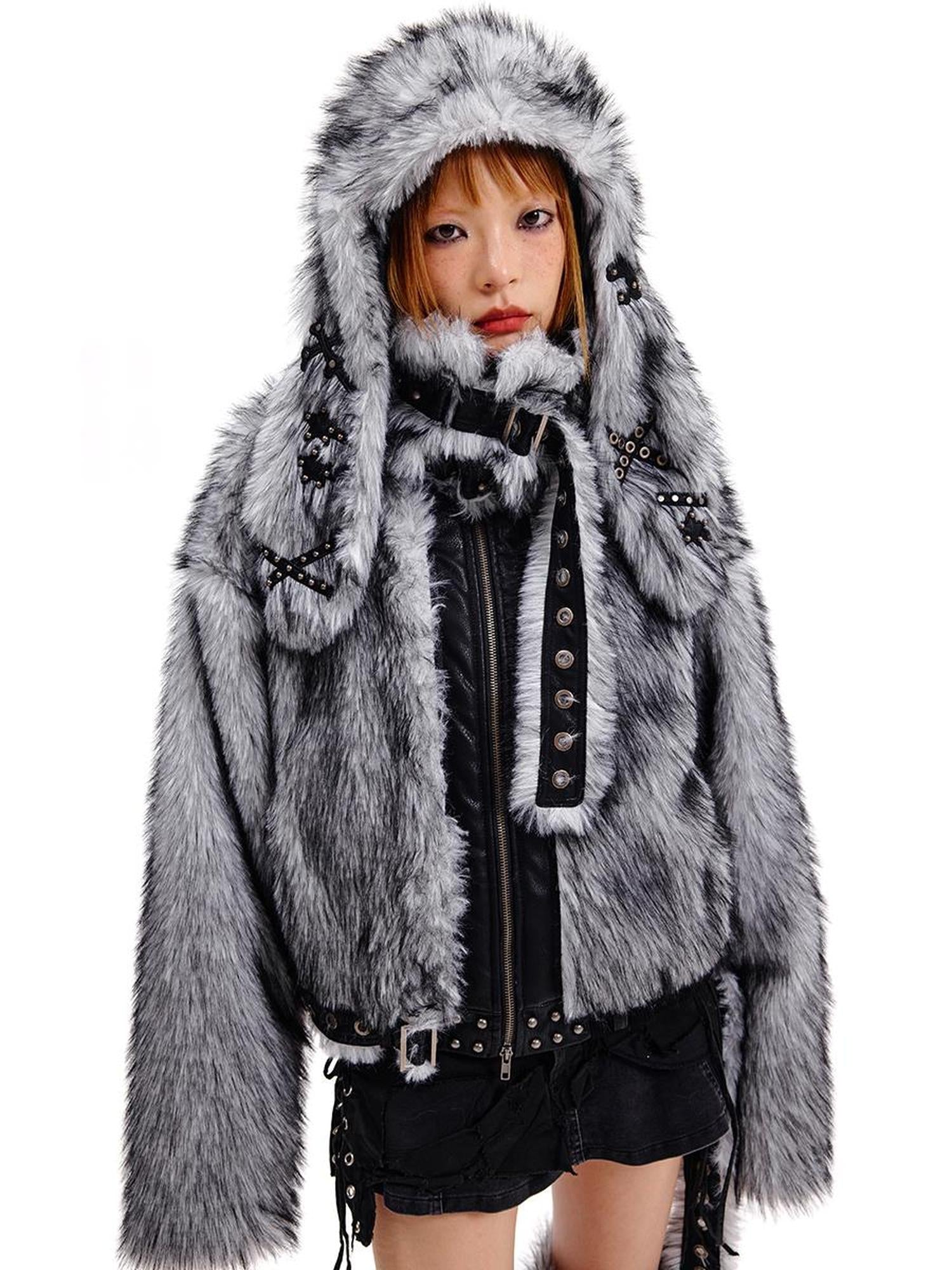 CFIERCE Grey Rabbit Knit Hat With Face Cover