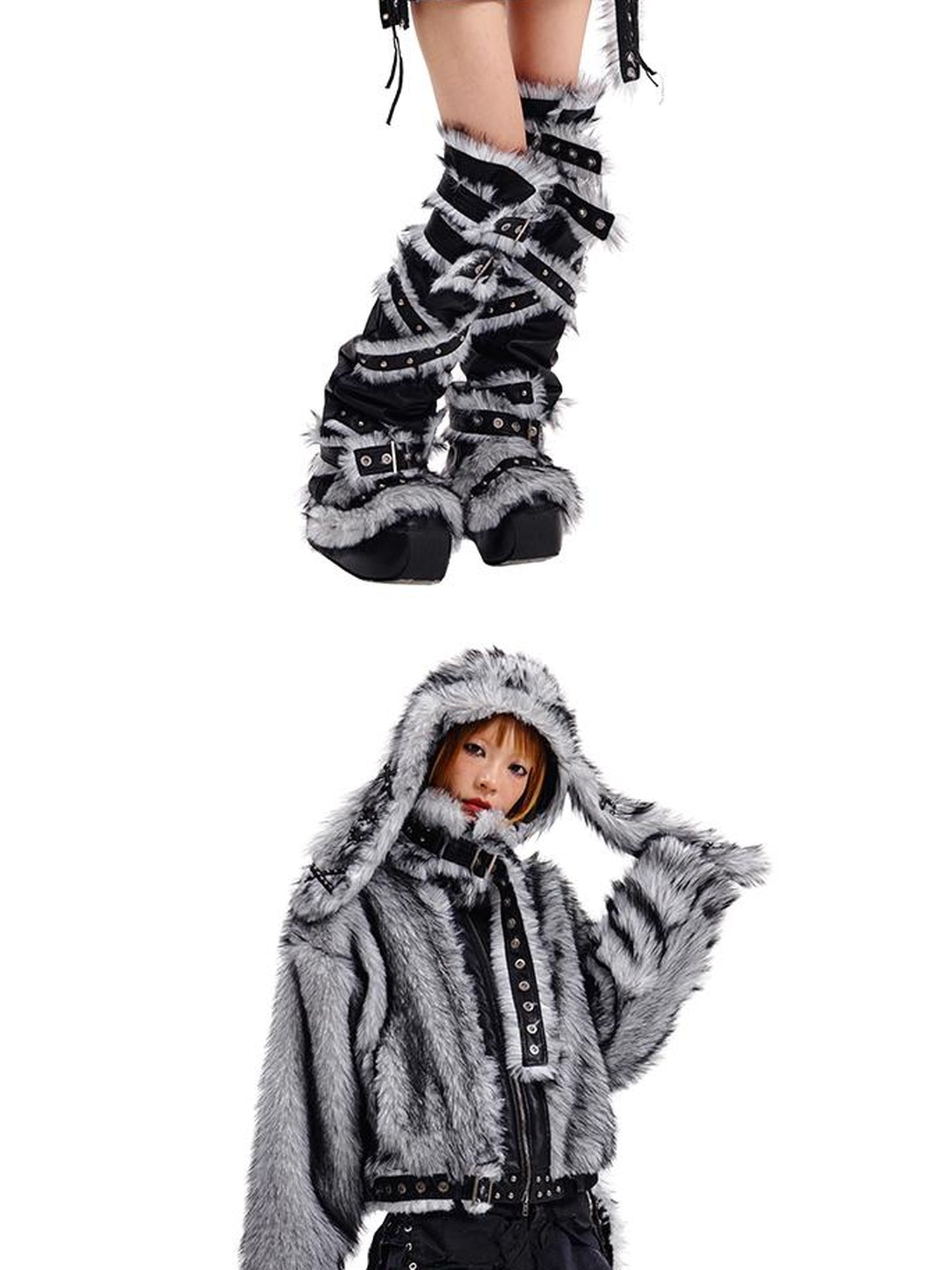 CFIERCE Grey Rabbit Knit Hat With Face Cover