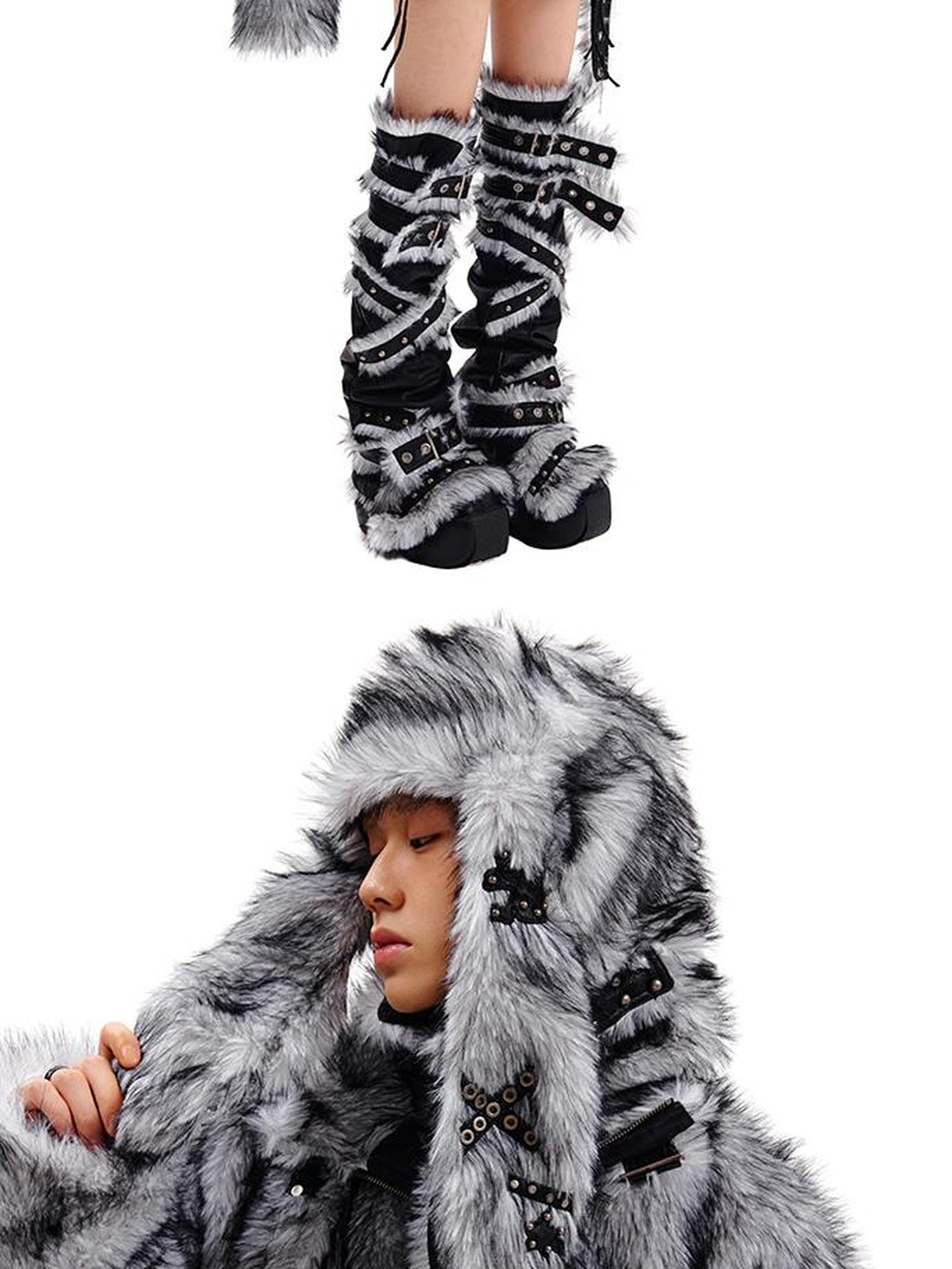 CFIERCE Grey Rabbit Knit Hat With Face Cover