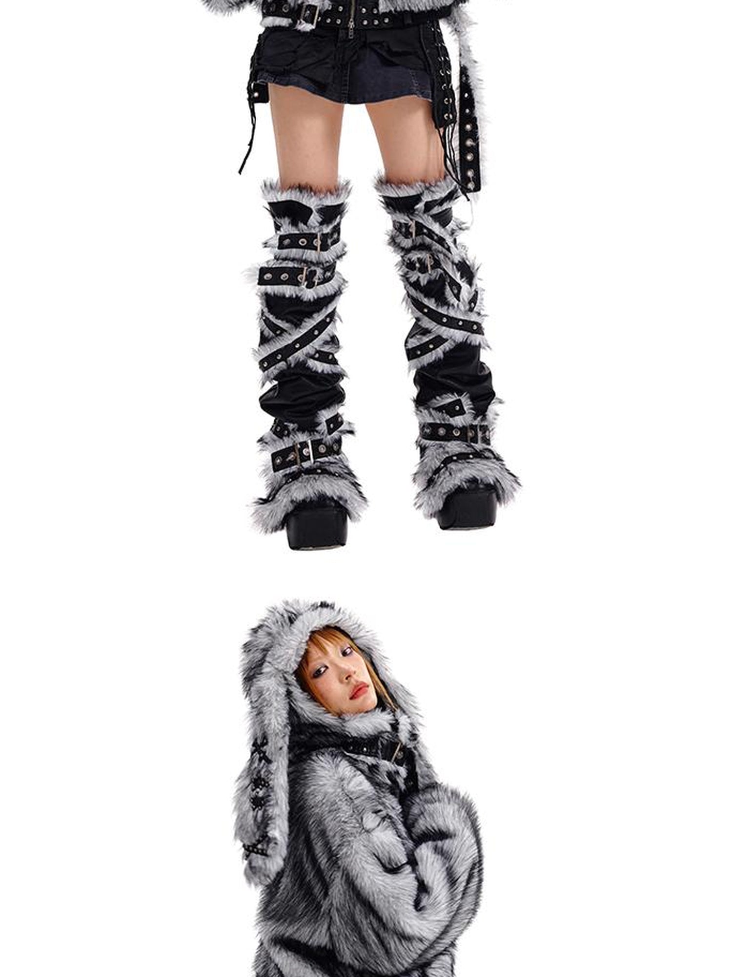 CFIERCE Grey Rabbit Knit Hat With Face Cover