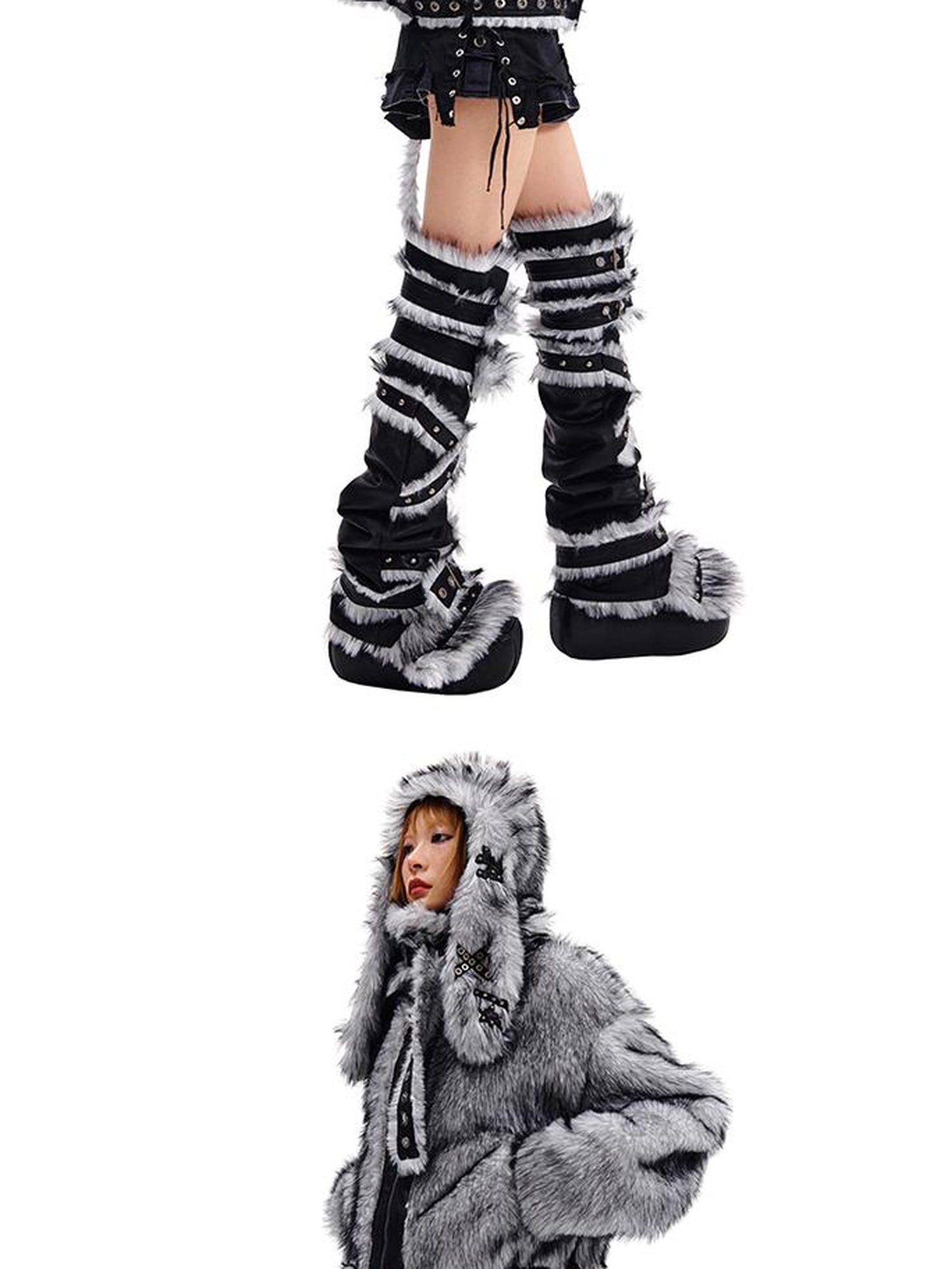 CFIERCE Grey Rabbit Knit Hat With Face Cover