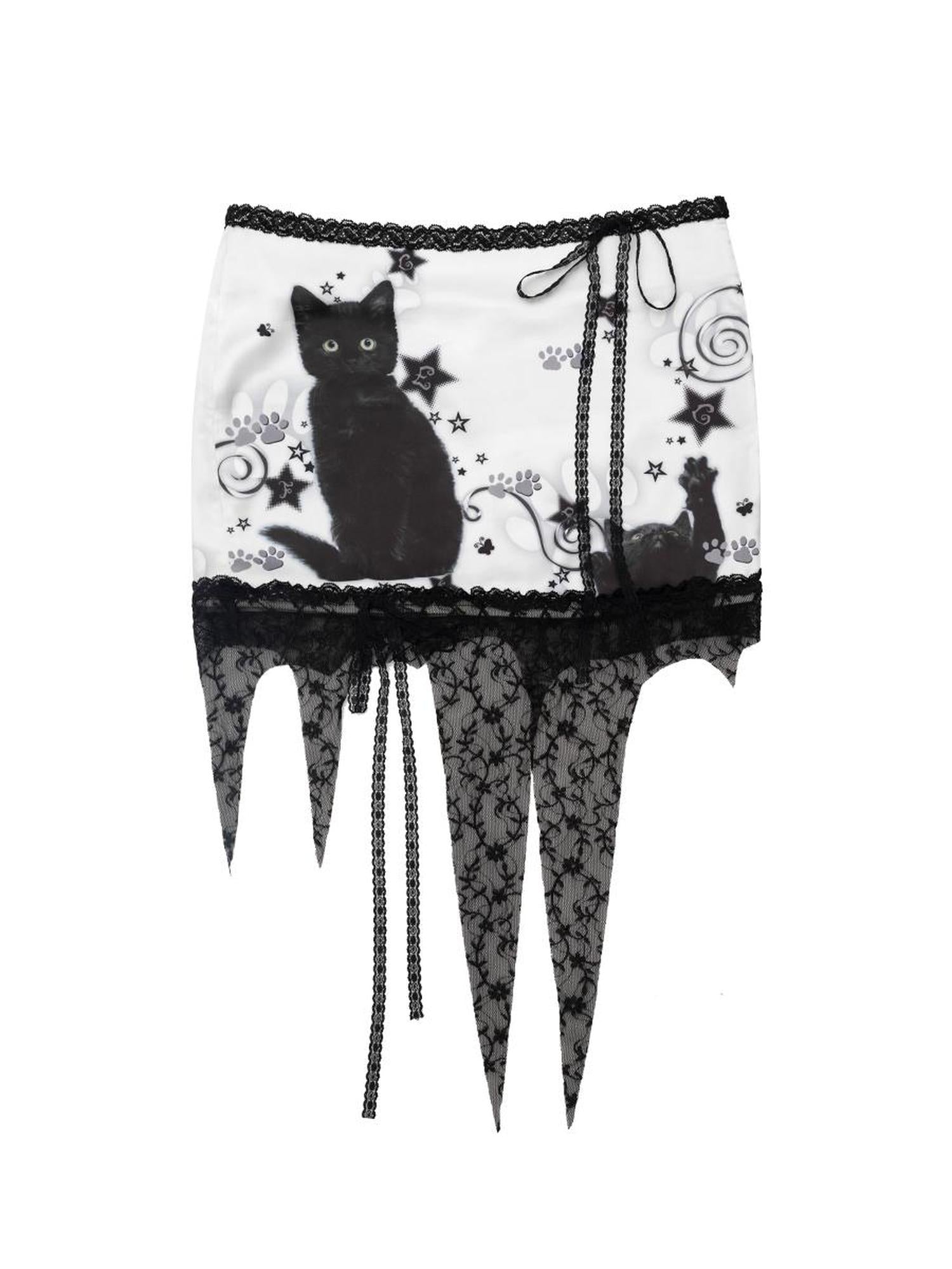 CFIERCE Lace Trimmed Black Cat Print Skirt