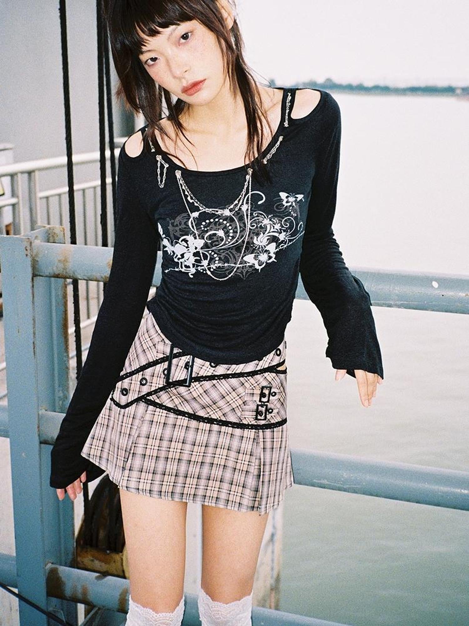 CFIERCE Lace Up Waist Checkered Skirt