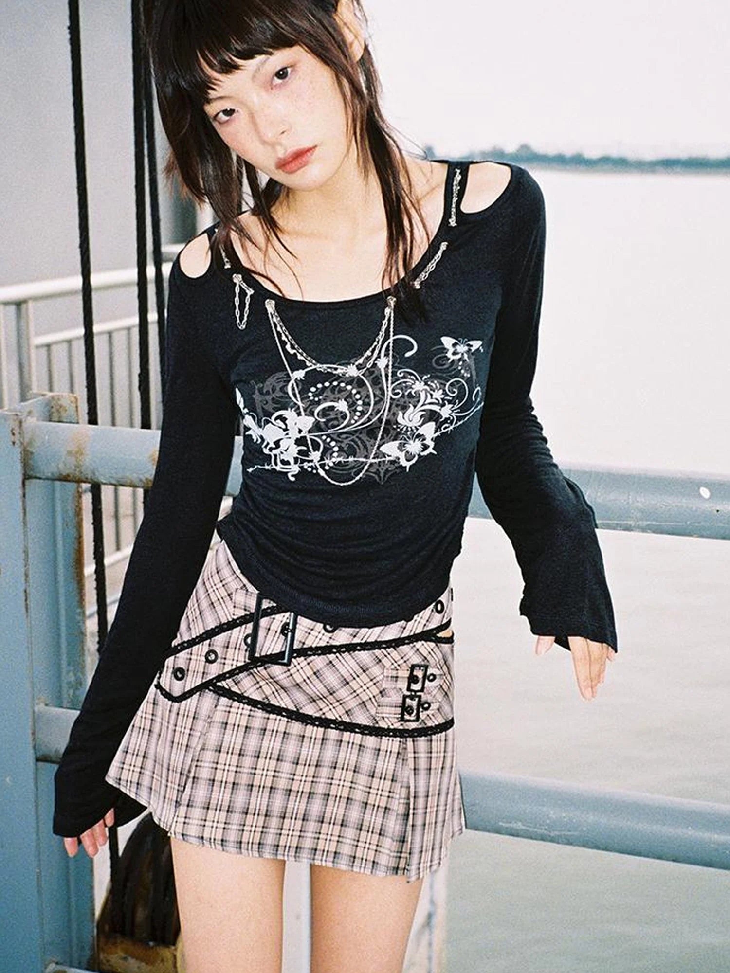 Lace Up Waist Checkered Skirt