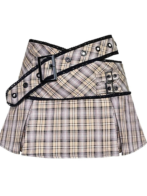 Lace Up Waist Checkered Skirt
