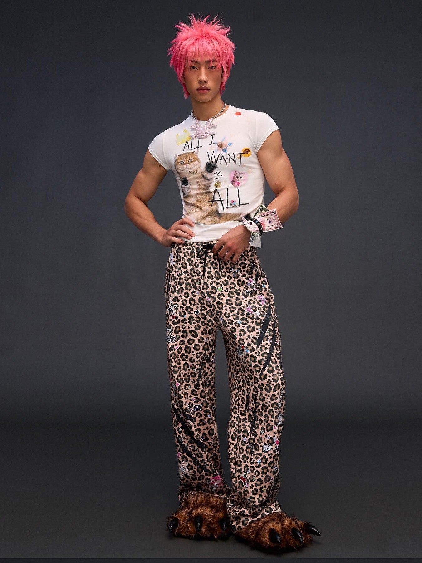 CFIERCE Leopard Asymmetric Sticker Print Street Straight Women&