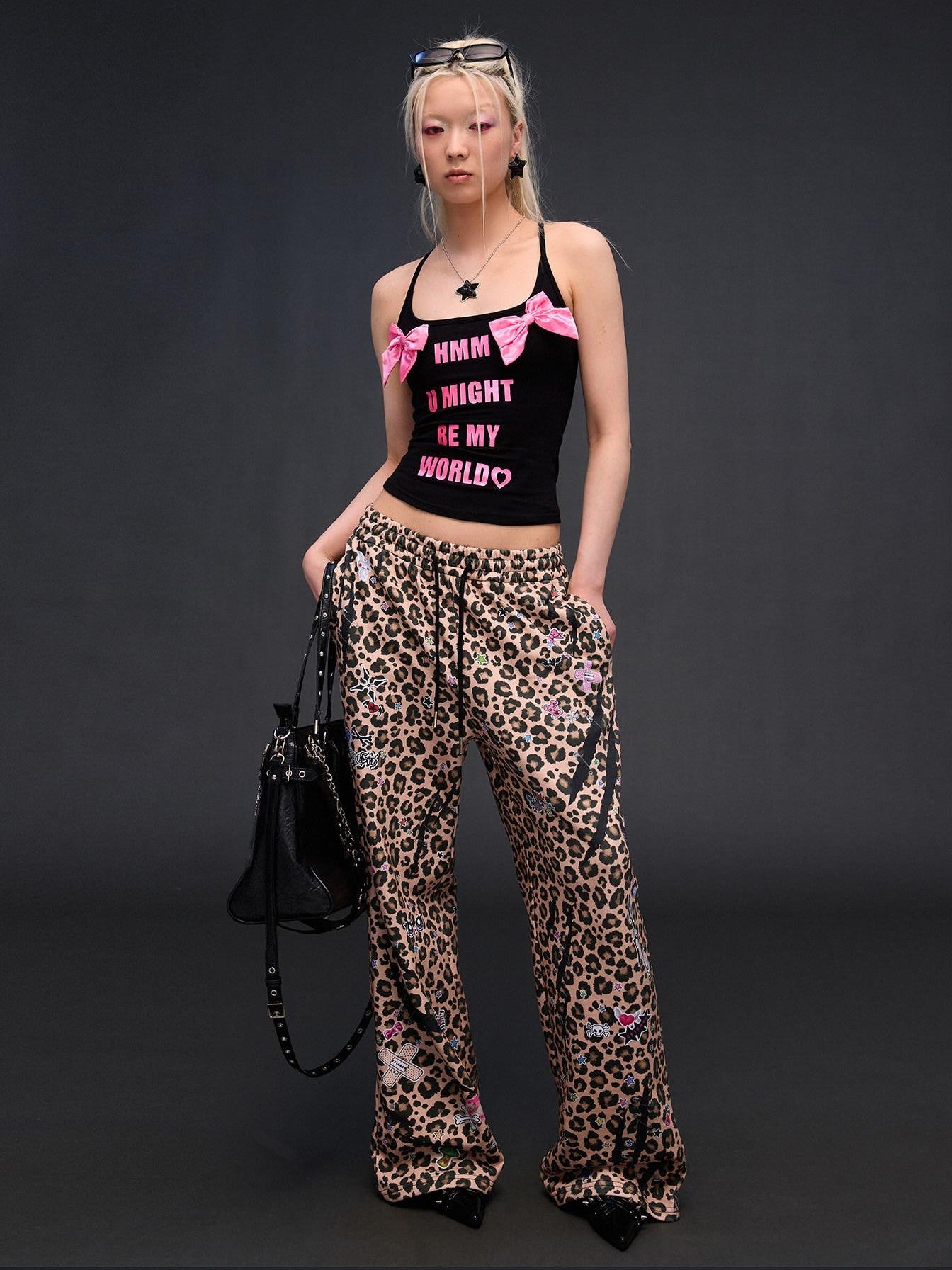 CFIERCE Leopard Asymmetric Sticker Print Street Straight Women&