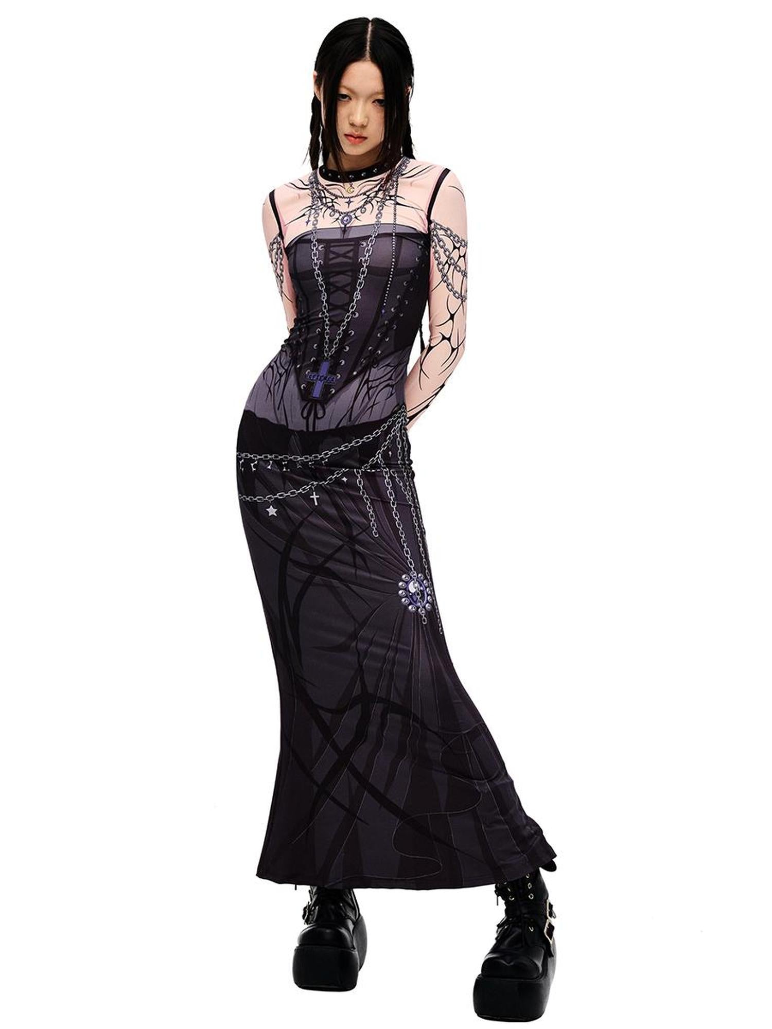 CFIERCE Long Sleeve Mermaid Dress with Witch Print