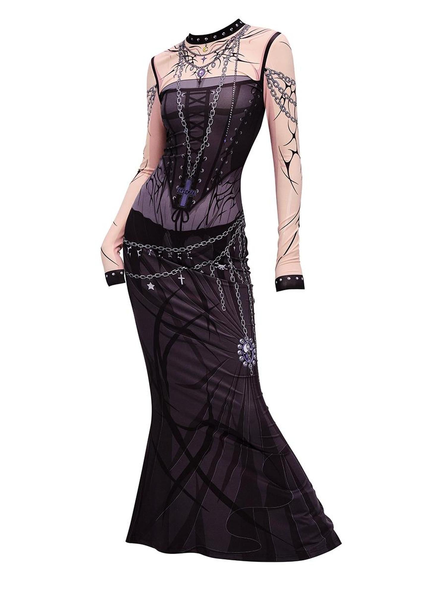CFIERCE Long Sleeve Mermaid Dress with Witch Print