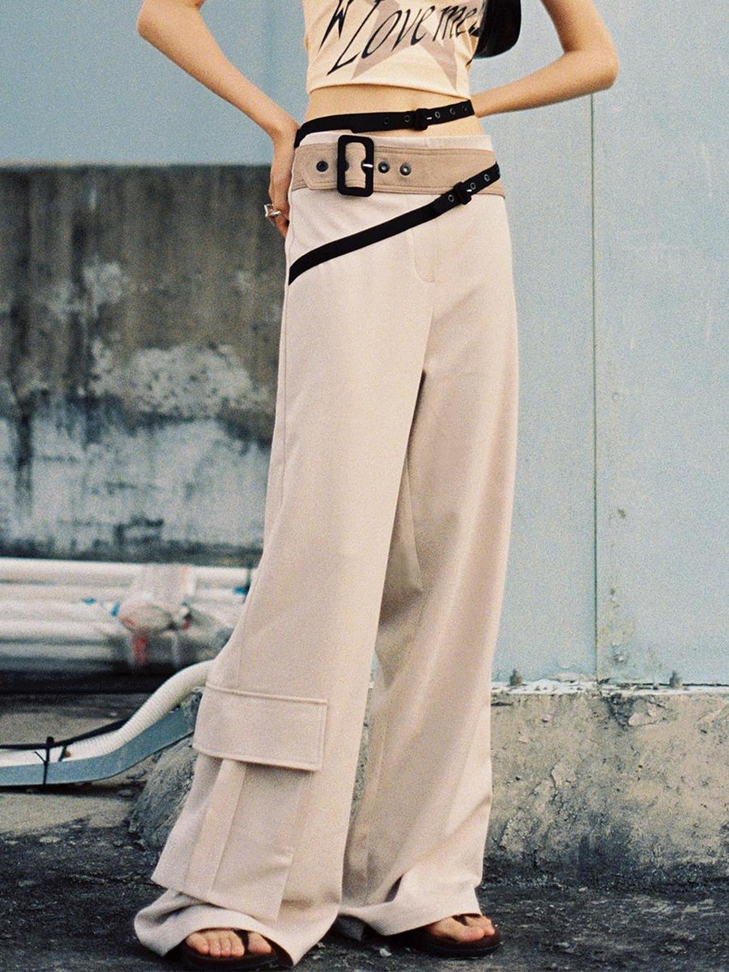 CFIERCE Low Rise Wide Leg Trousers With Multi Belt Waist Detail