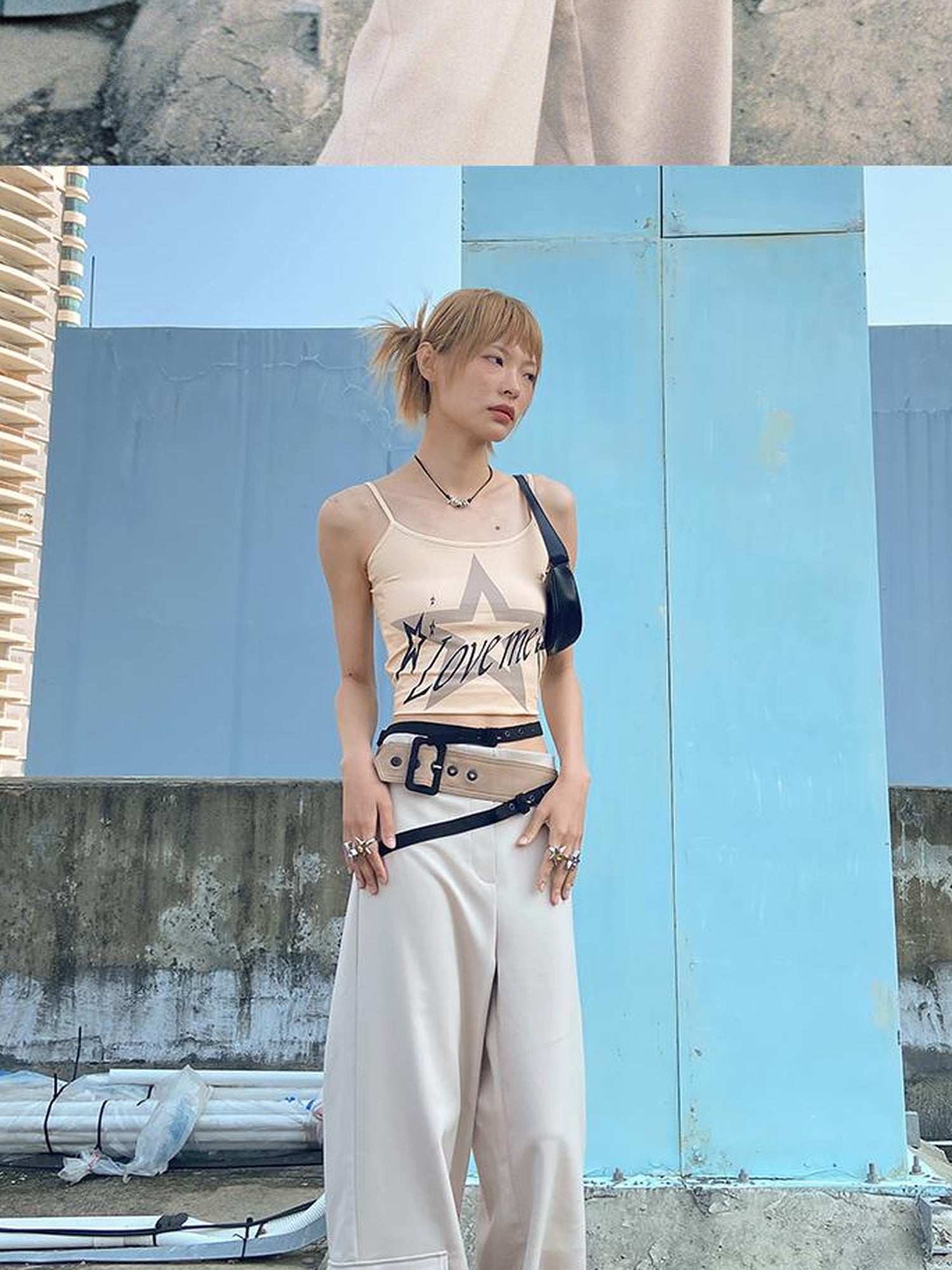 CFIERCE Low Rise Wide Leg Trousers With Multi Belt Waist Detail