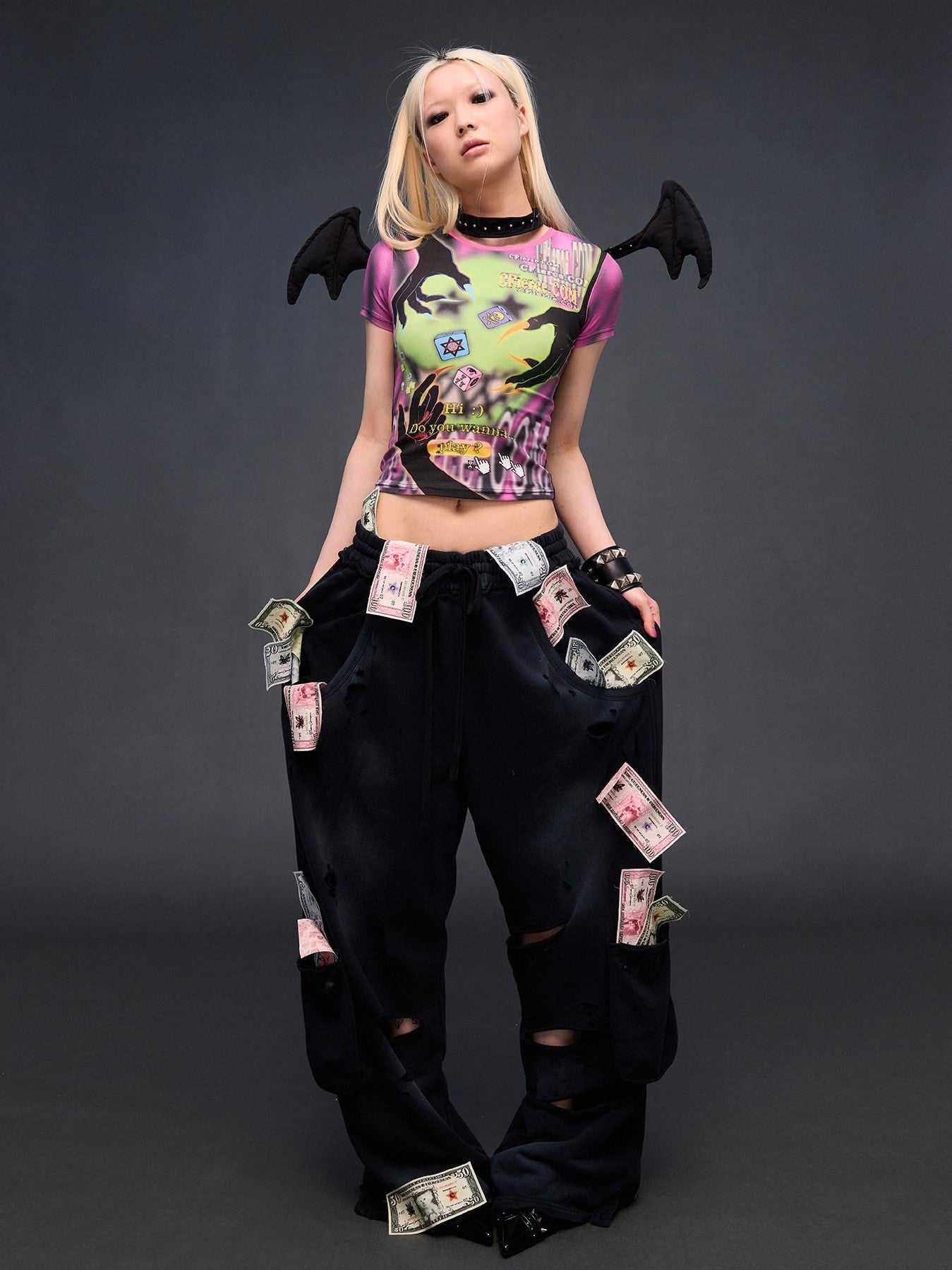 CFIERCE Money Print Distressed Asymmetrical Women&