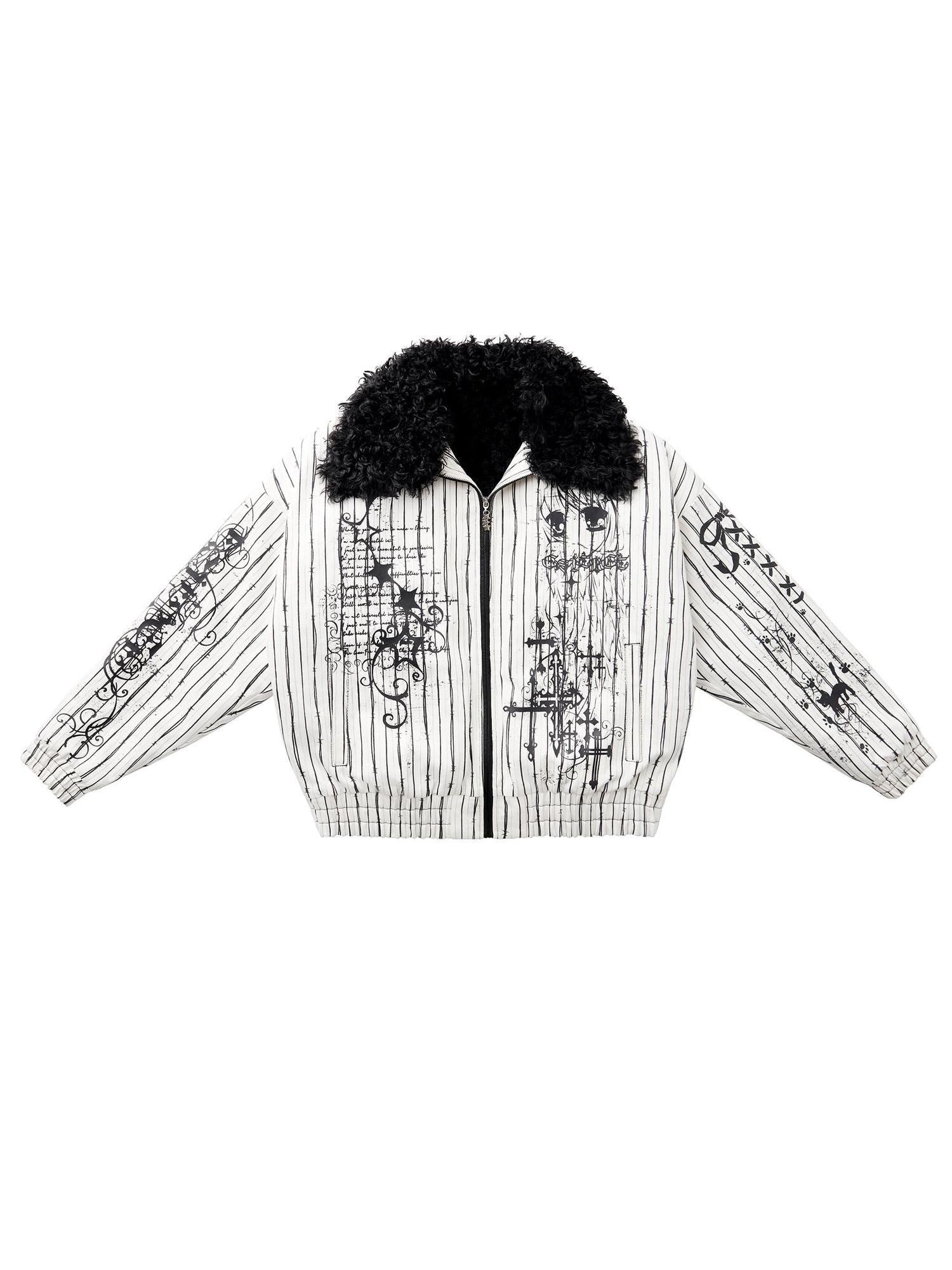 CFIERCE Original Cotton Detachable Lapel Striped Womens White Puffer Jacket