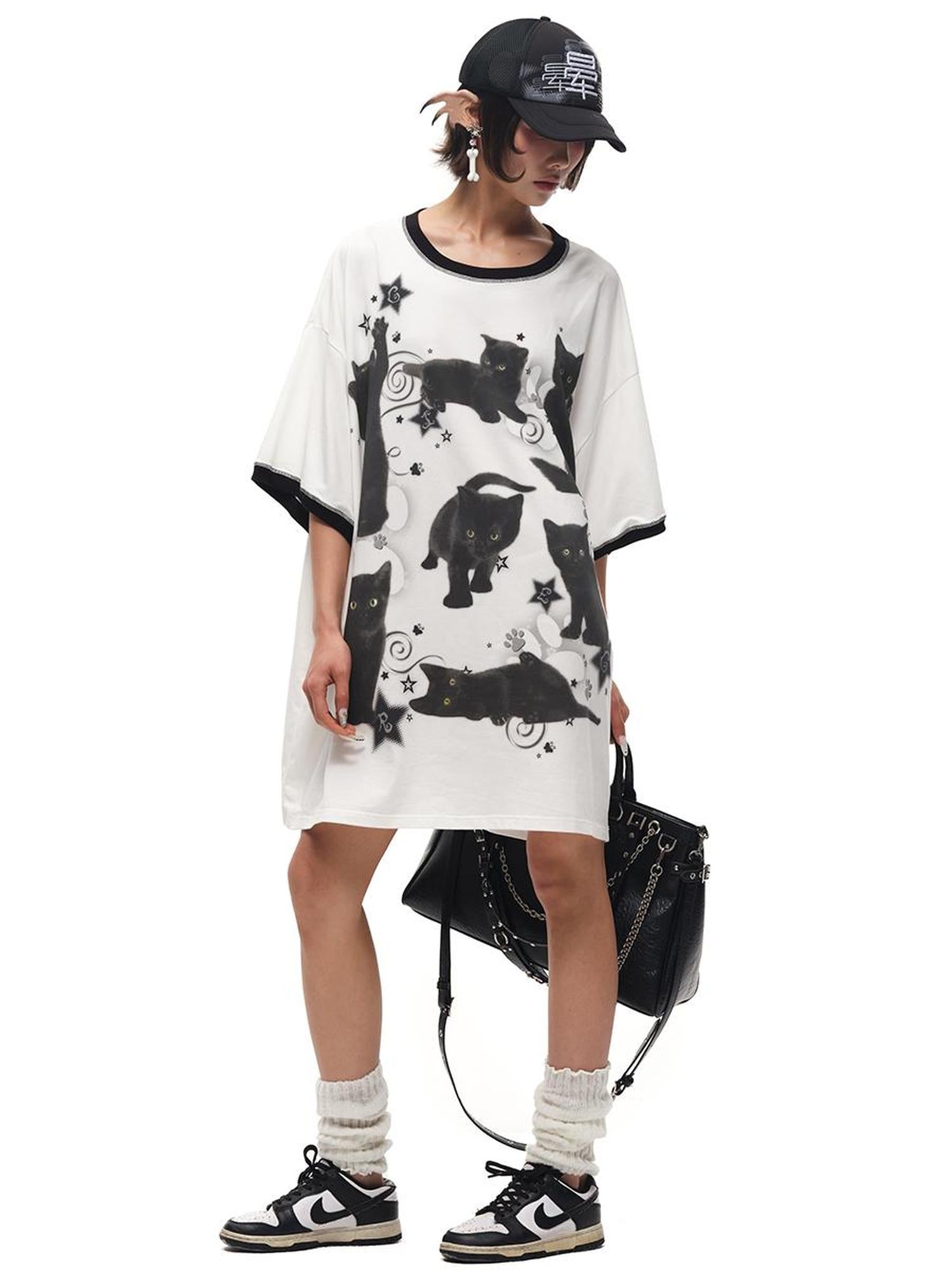 CFIERCE Oversized Black Cat Print Tee