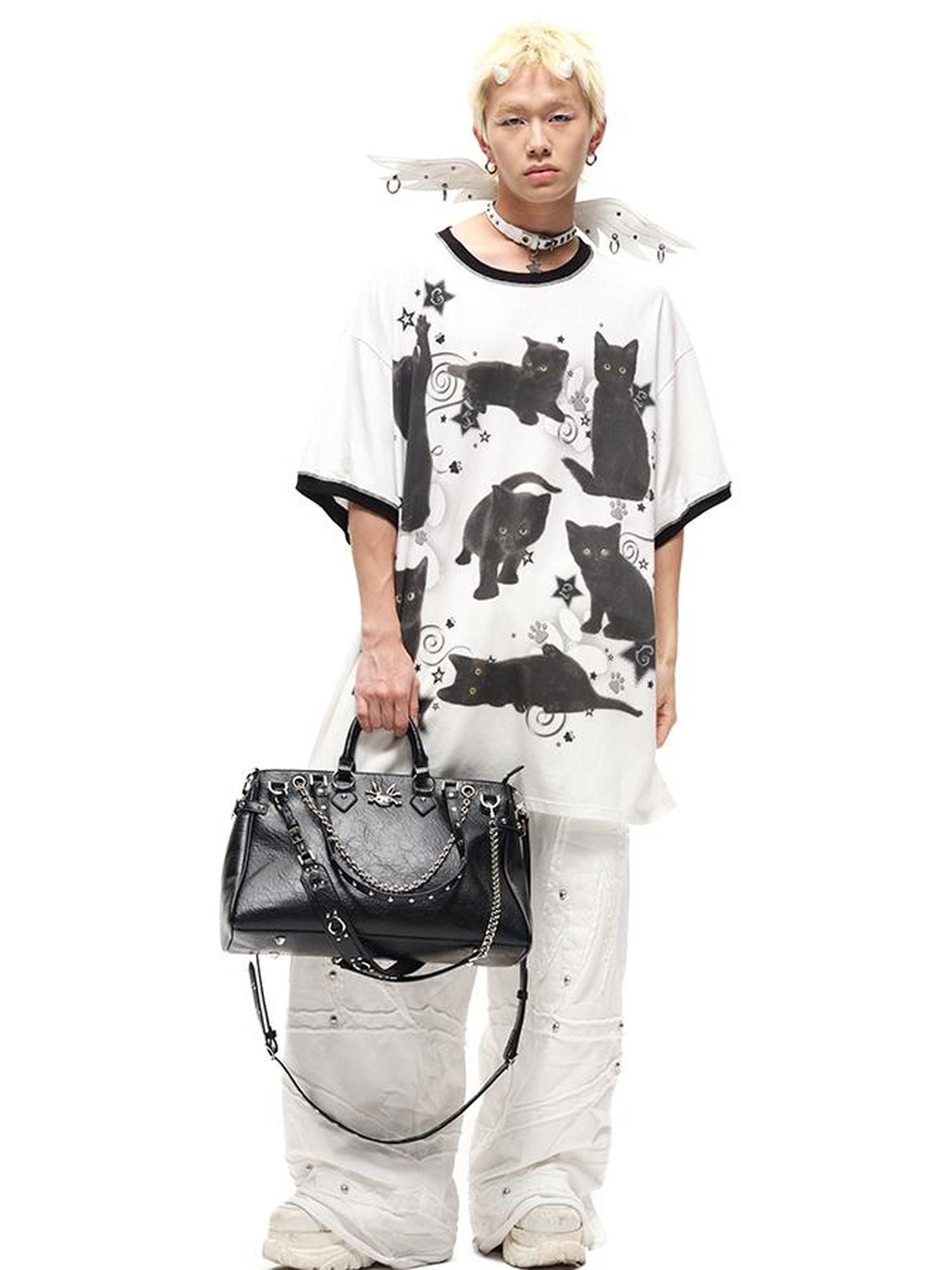 CFIERCE Oversized Black Cat Print Tee