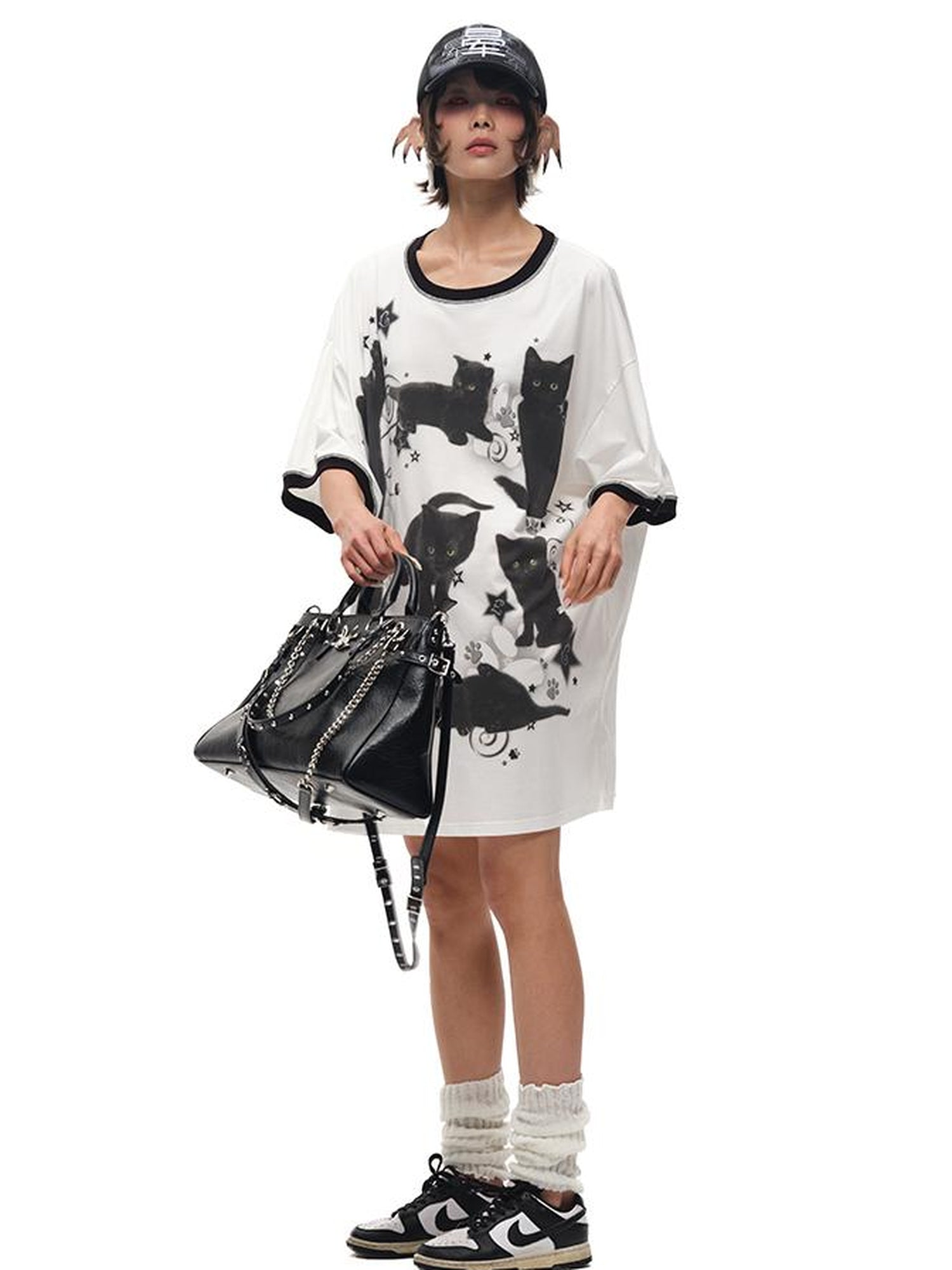 CFIERCE Oversized Black Cat Print Tee