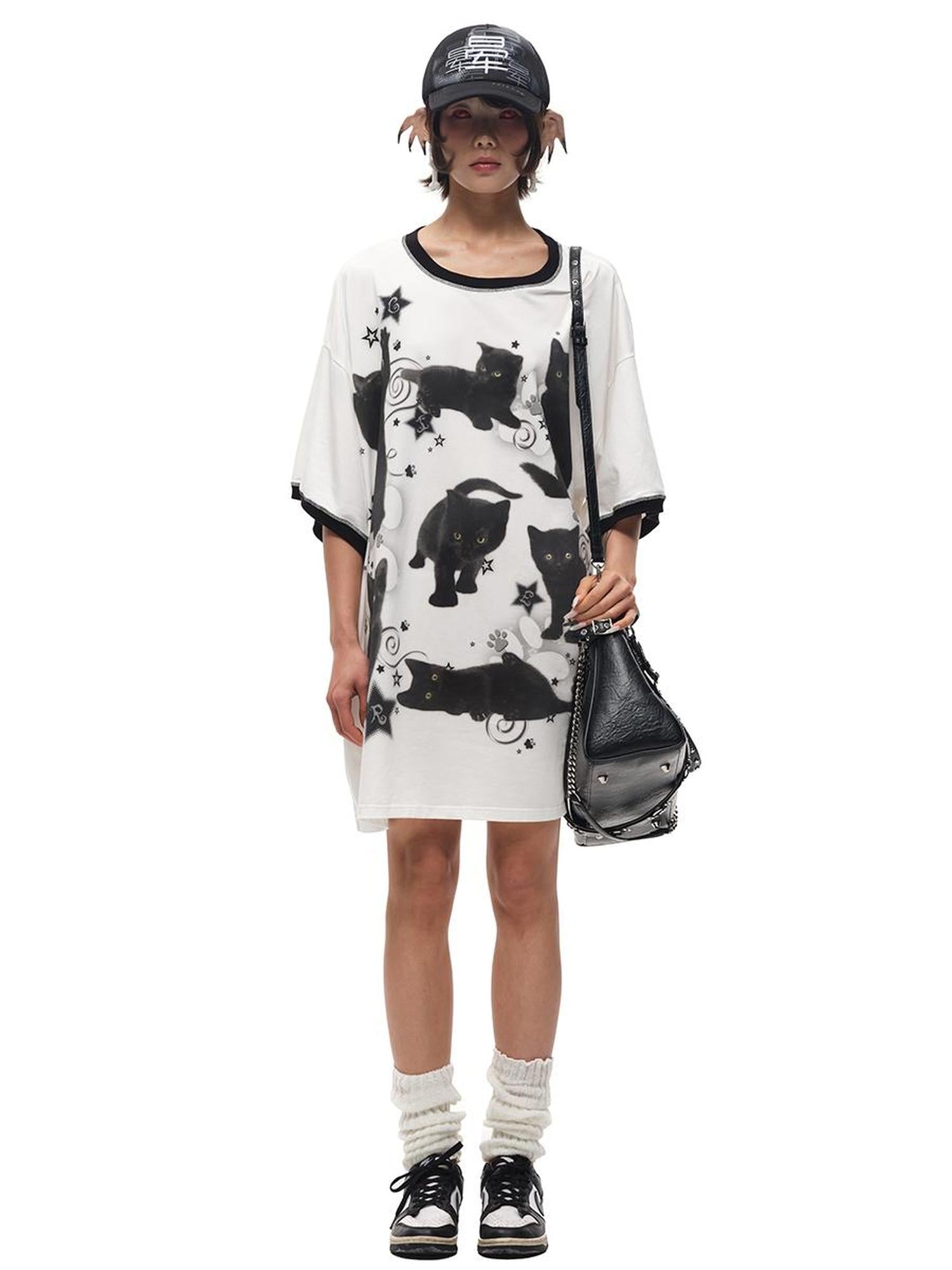 CFIERCE Oversized Black Cat Print Tee