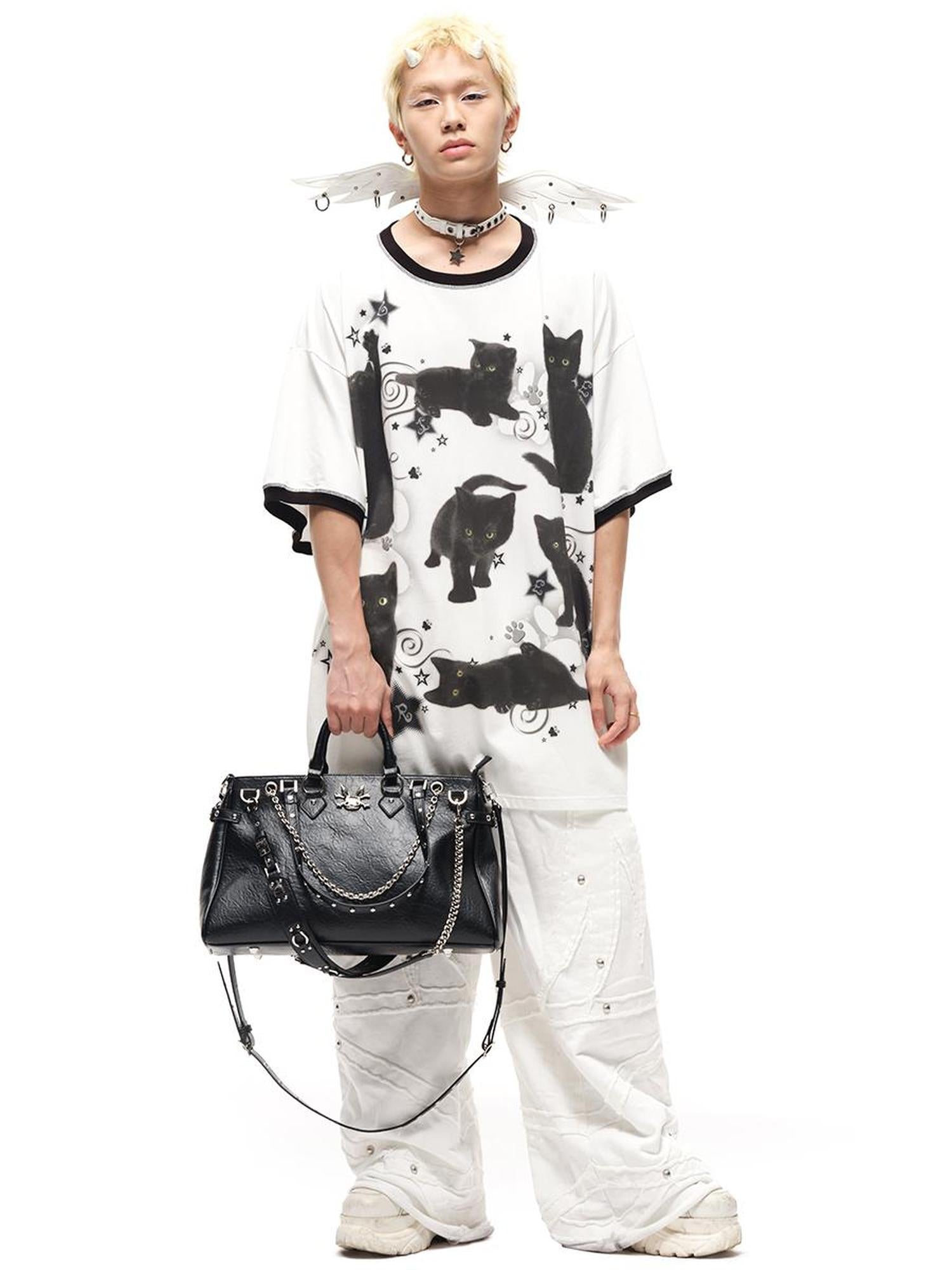 CFIERCE Oversized Black Cat Print Tee