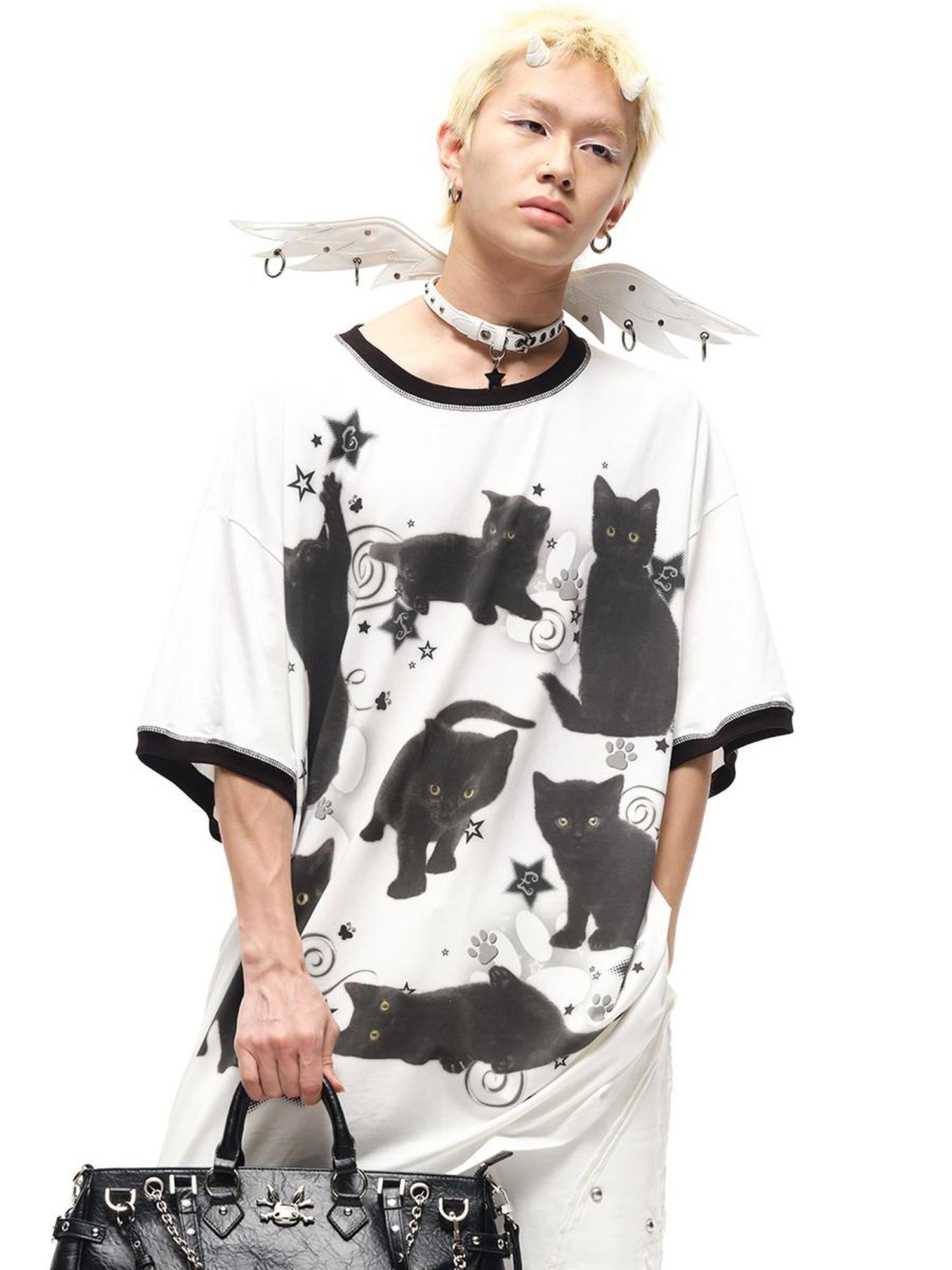 CFIERCE Oversized Black Cat Print Tee