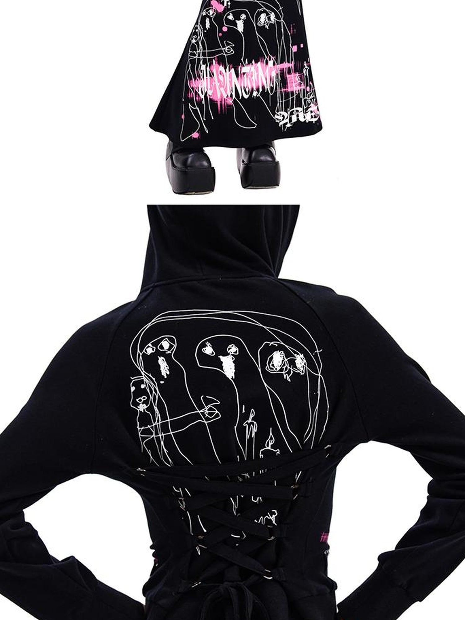 CFIERCE Phantom Print Tie Detail Hooded Sweatshirt Coat