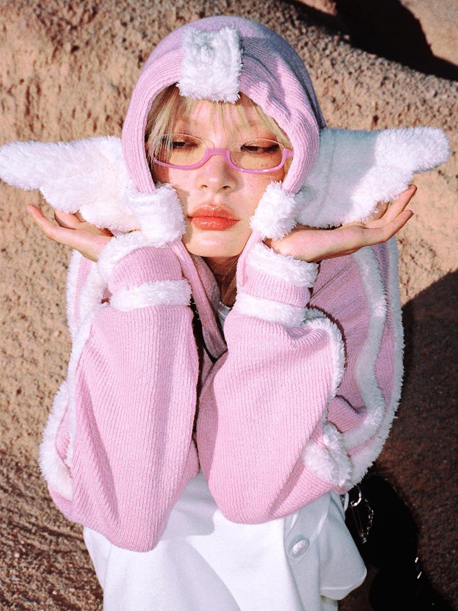 CFIERCE Pink Star Knit Cardigan With Angel Wing Details