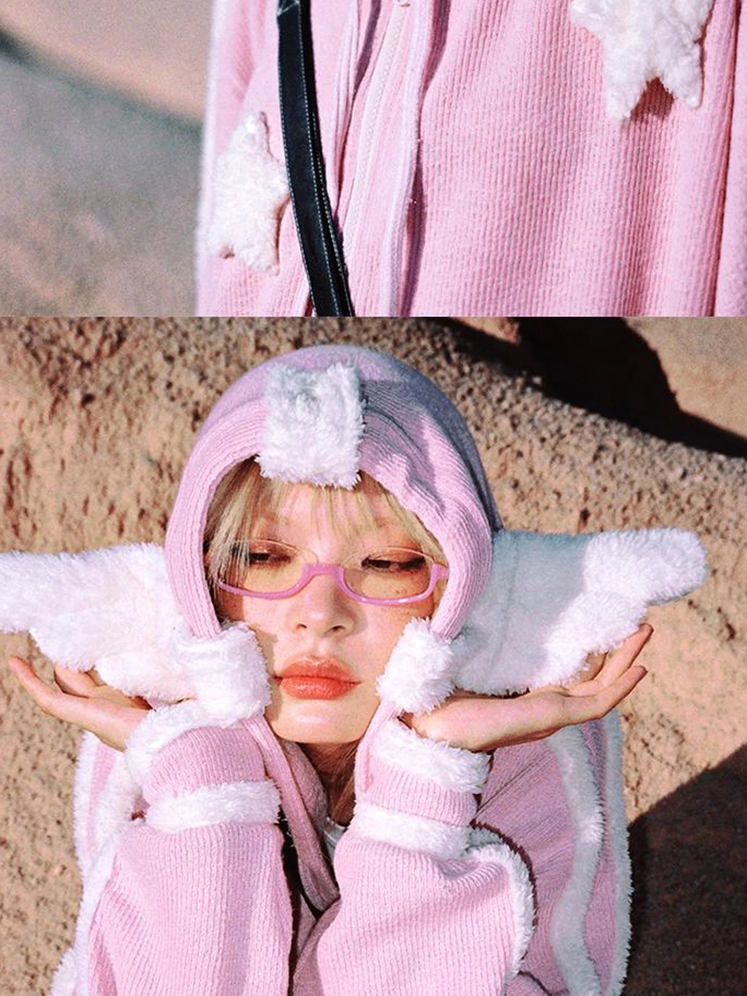 Pink Star Knit Cardigan With Angel Wing Details