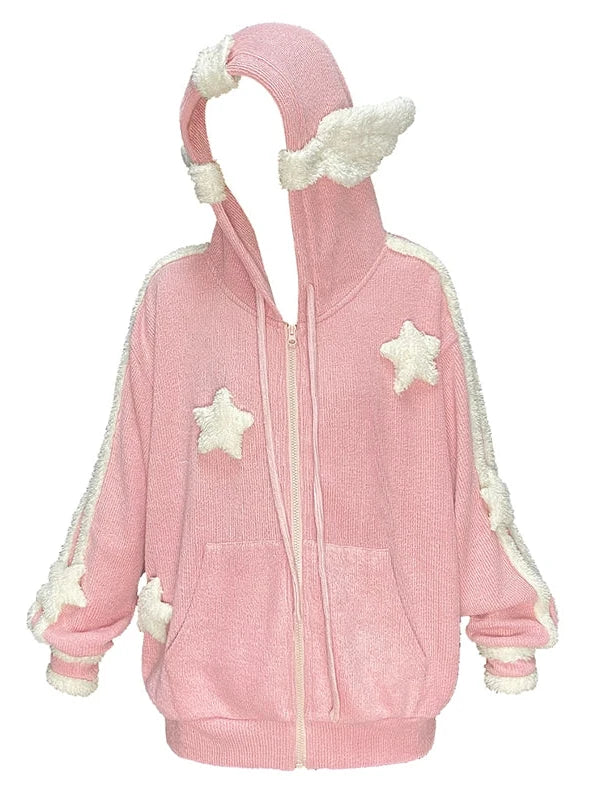 Pink Star Knit Cardigan With Angel Wing Details