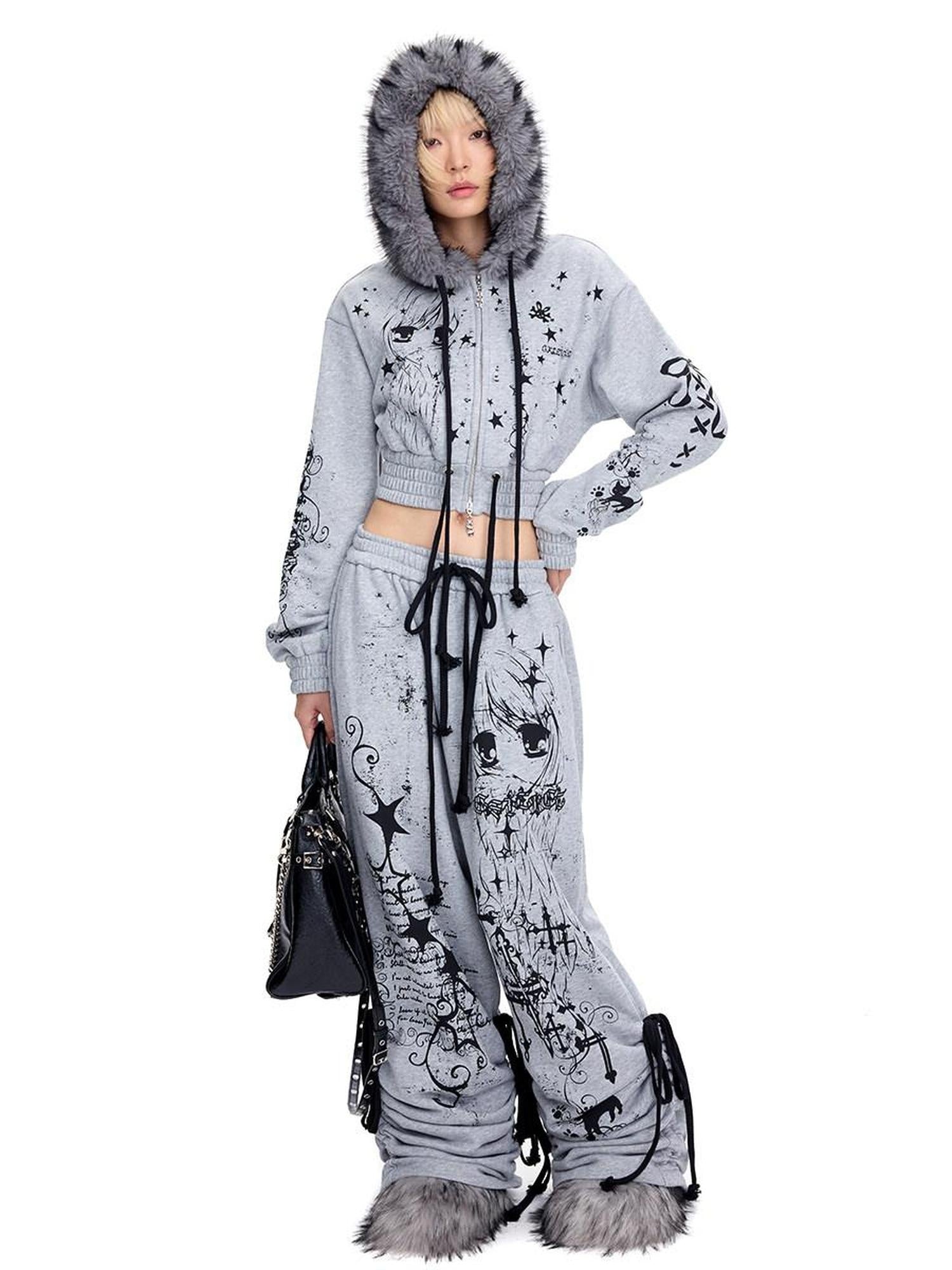 CFIERCE Pure Cotton Slim Fit Cropped Zip Hooded Streetwear Cartoon Grey Hoodies