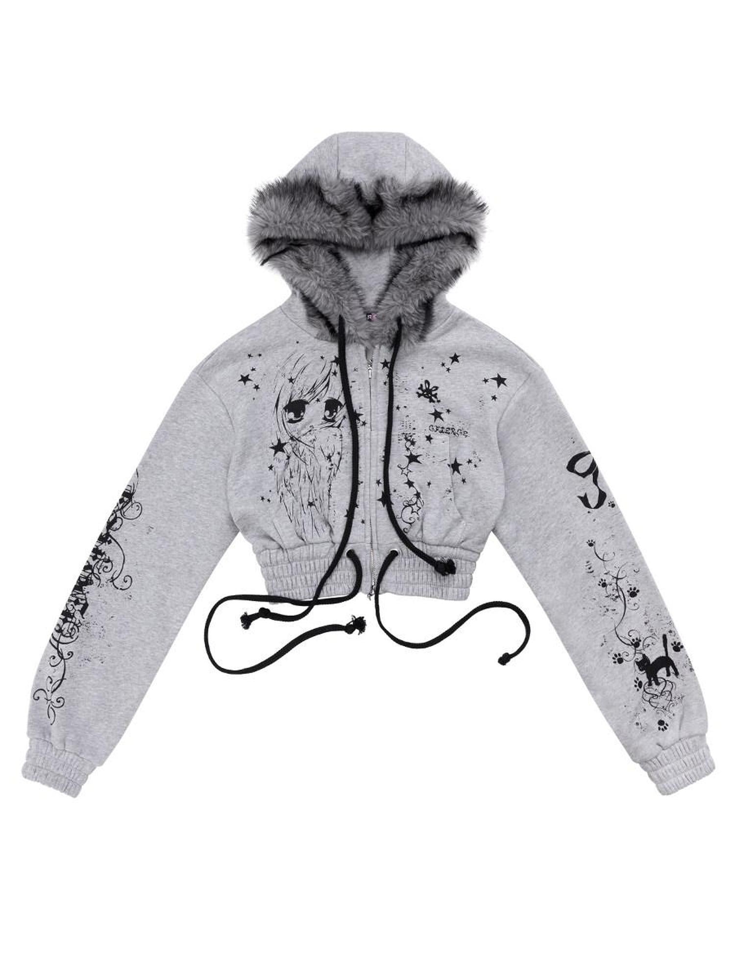 CFIERCE Pure Cotton Slim Fit Cropped Zip Hooded Streetwear Cartoon Grey Hoodies