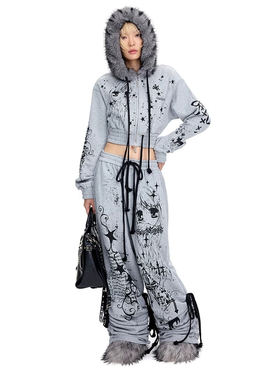 CFIERCE Pure Cotton Slim Fit Cropped Zip Hooded Streetwear Cartoon Grey Hoodies