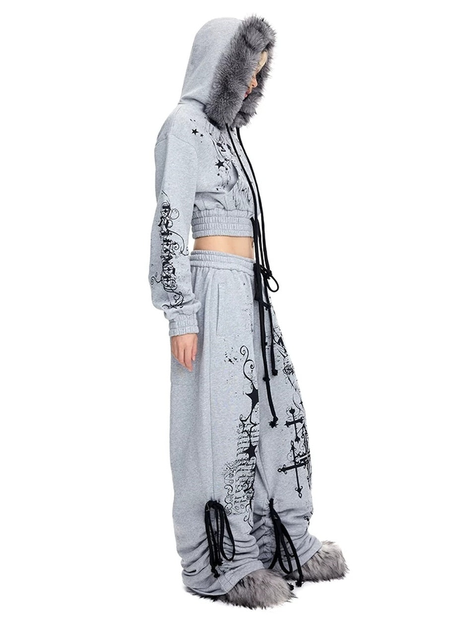 CFIERCE Pure Cotton Slim Fit Cropped Zip Hooded Streetwear Cartoon Grey Hoodies