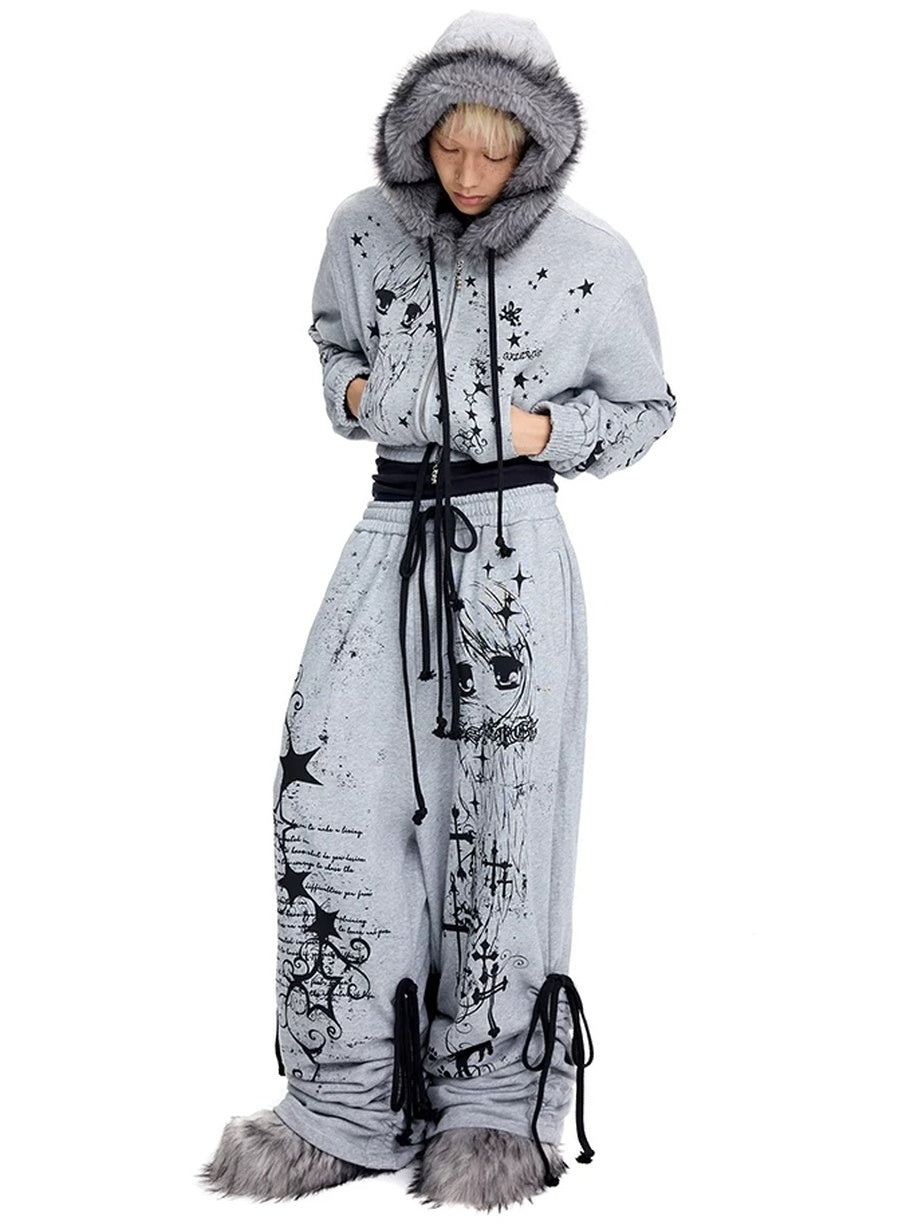 CFIERCE Pure Cotton Slim Fit Cropped Zip Hooded Streetwear Cartoon Grey Hoodies
