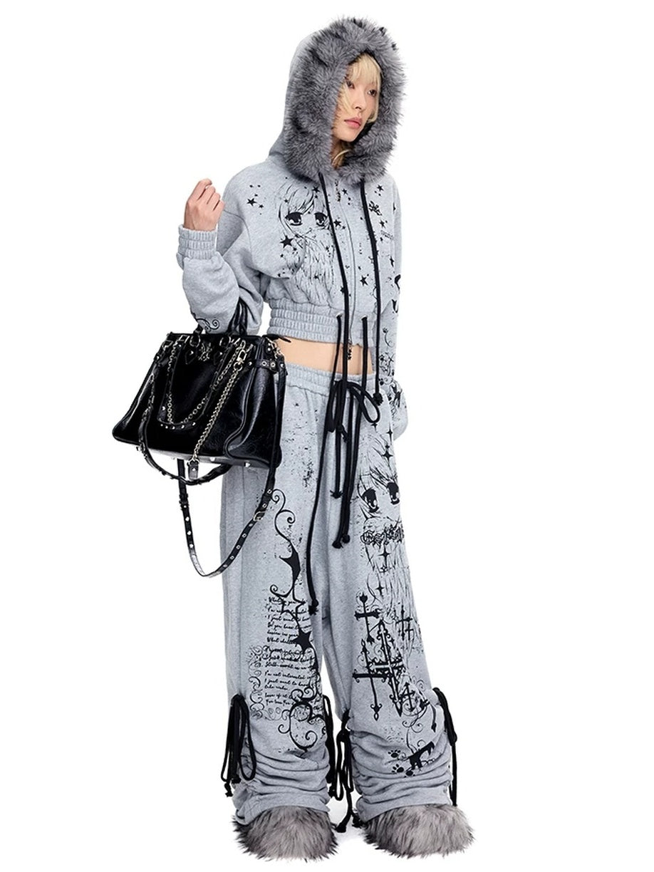 CFIERCE Pure Cotton Slim Fit Cropped Zip Hooded Streetwear Cartoon Grey Hoodies
