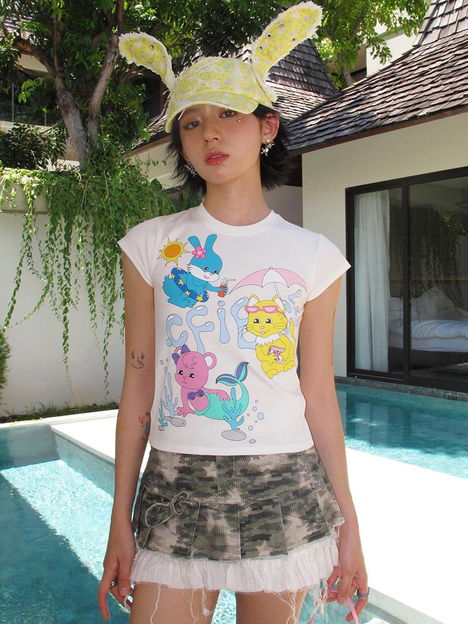 CFIERCE Rabbit Ear Print Denim Cap