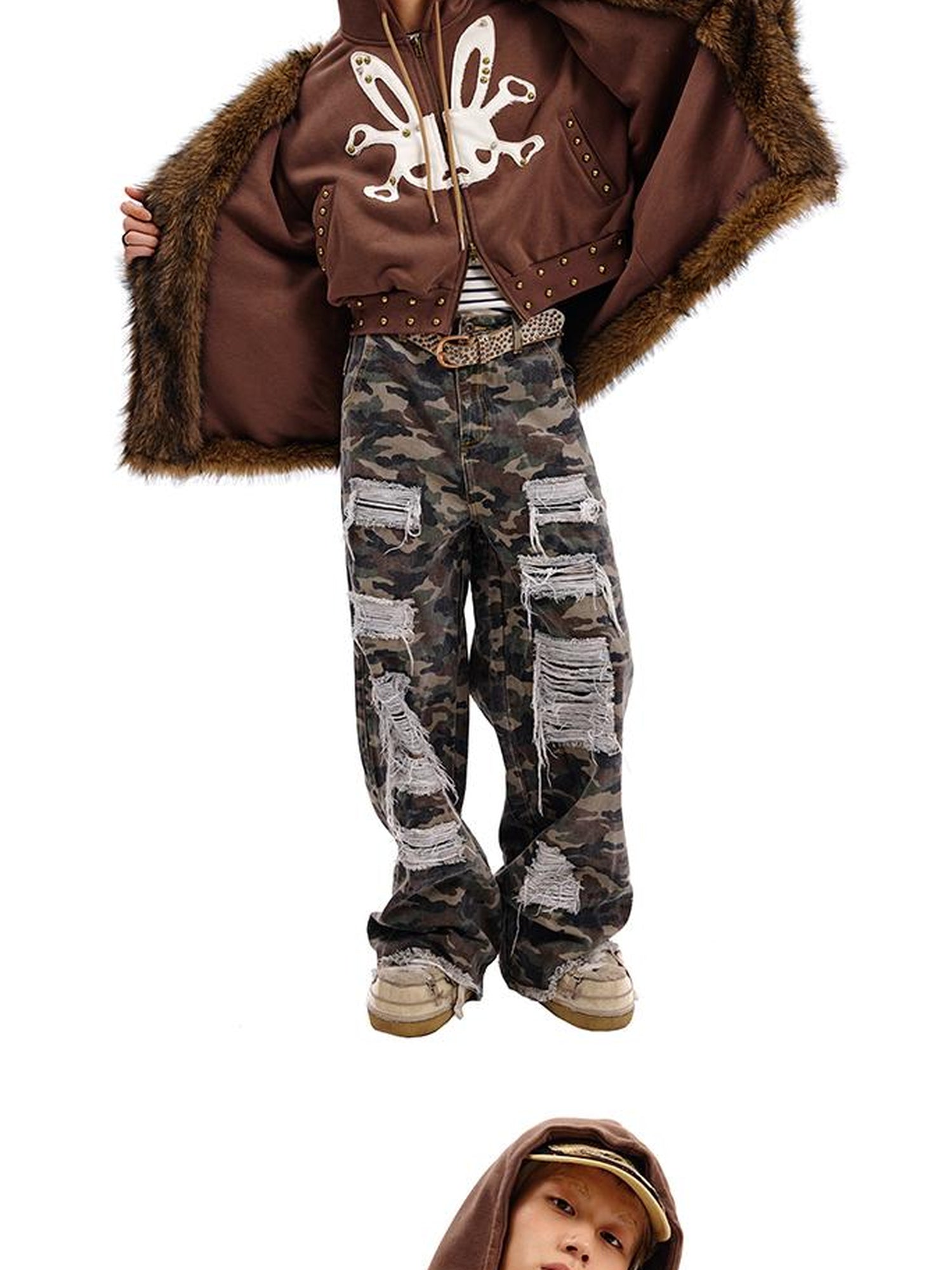 CFIERCE Rabbit Skull Print Two Layer Knit Coat