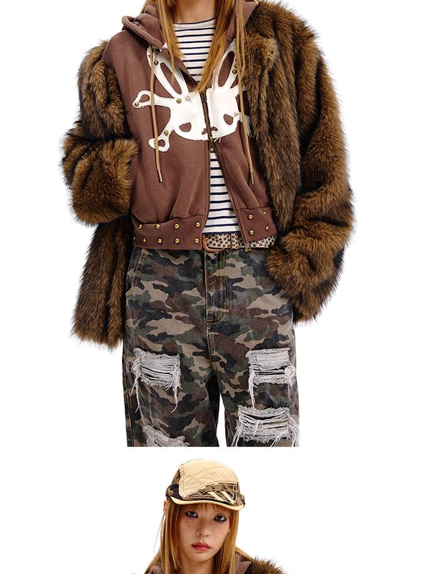 CFIERCE Rabbit Skull Print Two Layer Knit Coat